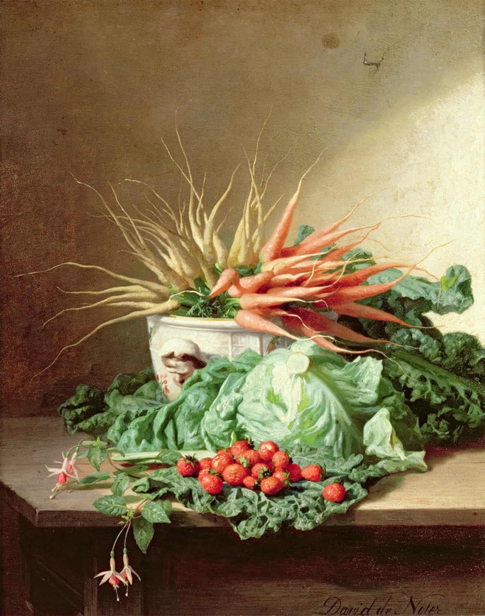 POSTERIIk Famous Animal Posters Vintage Picture Still Life of Strawberries Carrots and Cabbage by David Emil De Noter Modern Wall Decor for Home Decor 60x90cm