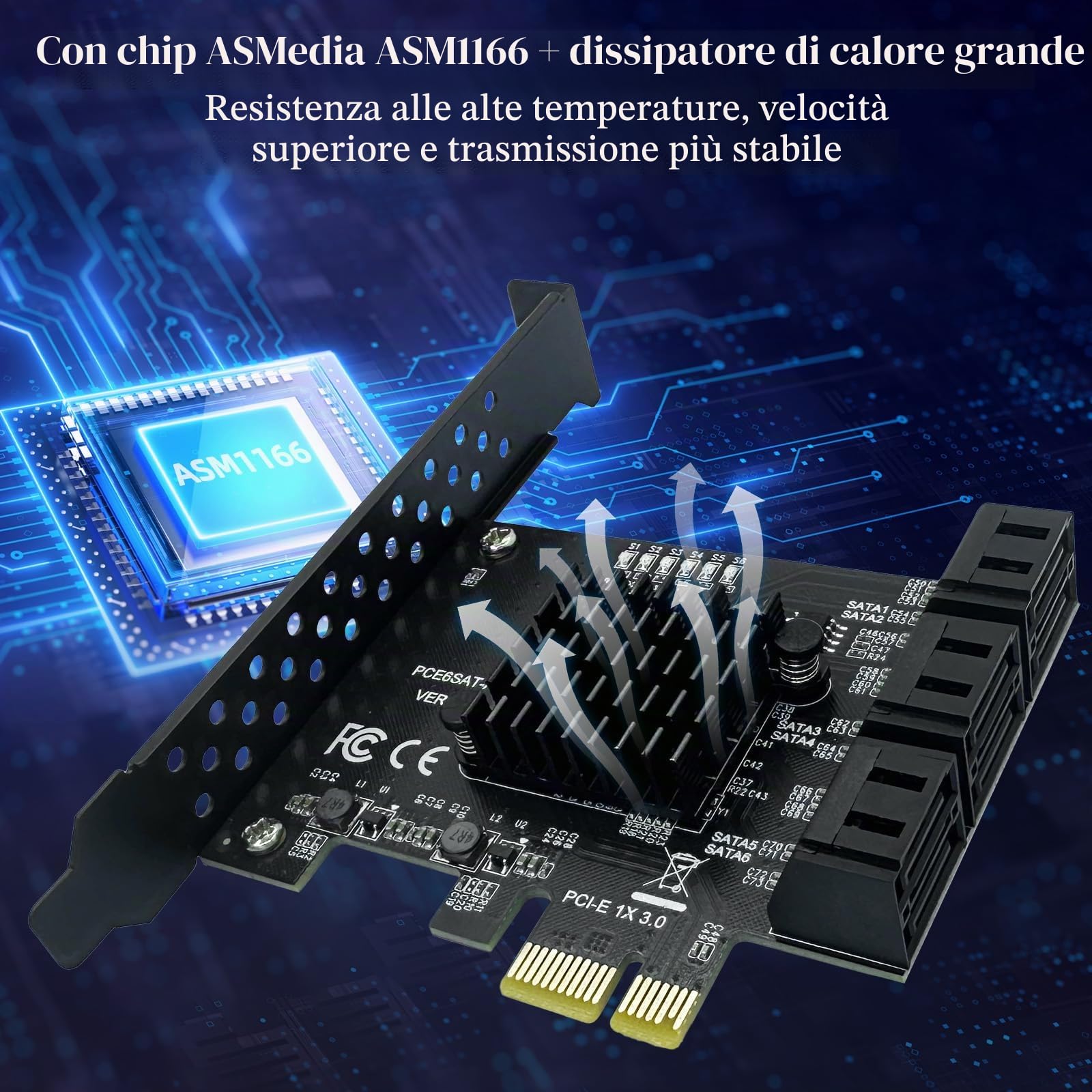 Scheda di espansione PCIe SATA 6 porte x1 6Gbps con controllore e 6 cavi | supporto SSD/HDD, compatibile Windows XP/7/8/10 e Linux