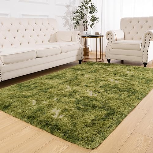 Miniatura 3 de Softlife Alfombra de área para sala de estar, alfombra mullida de felpa de 6 x 9 pies para dormitorio, alfombra de pelo peludo verde teñido anudado