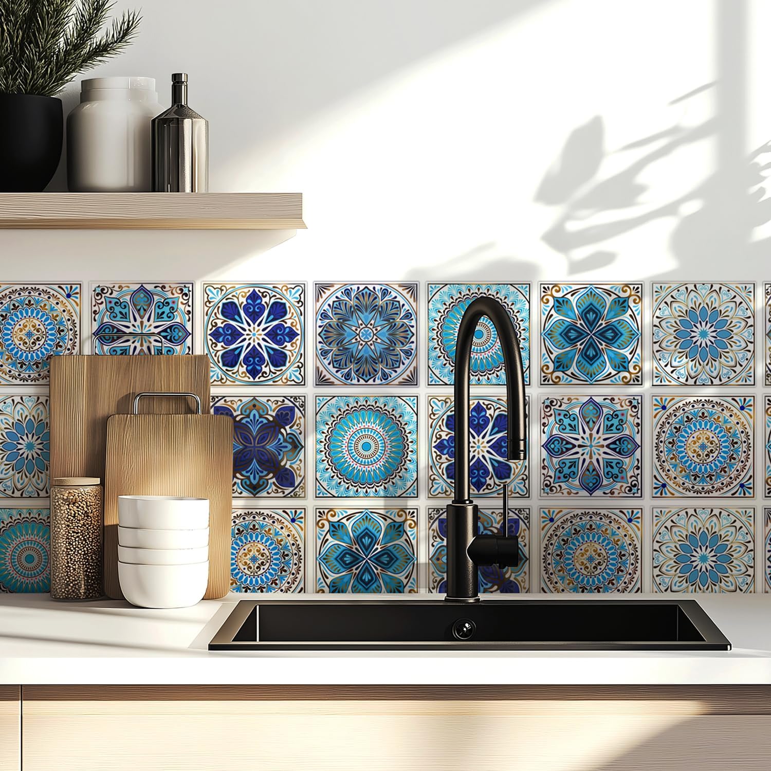 30 Pcs Moroccan Peel and Stick Tile Stickers 4x4 Inch - Blue and Gold Boho Mandala Self-Adhesive Waterproof Vinyl Backsplash Decals for Kitchen Bathroom Stair Riser, Removable DIY Wall Decor