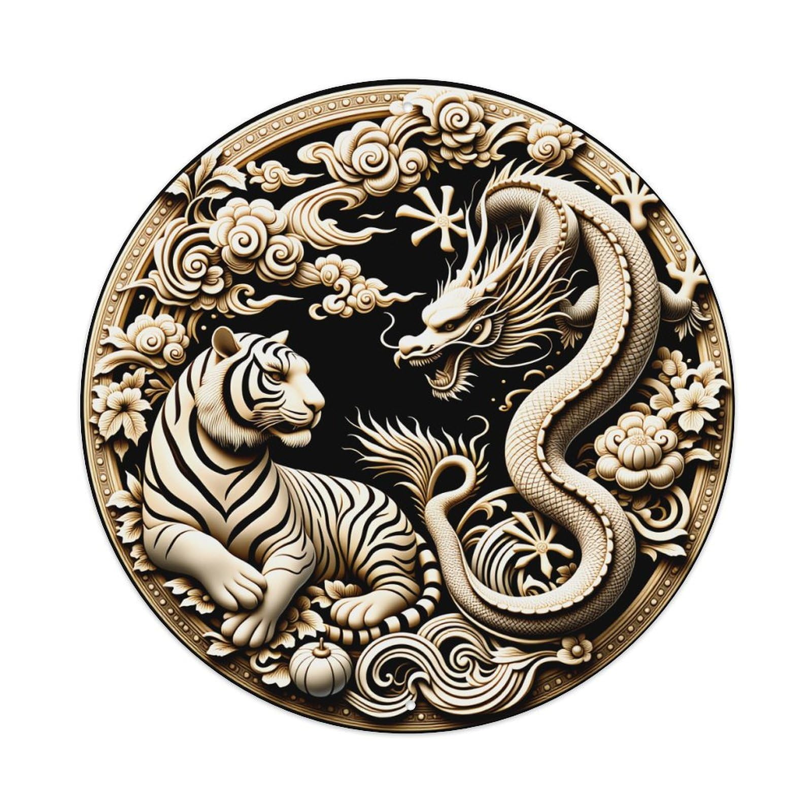 Wmlzdnwr Vintage Dragon And Tiger In Circular With Floral Motifs Round Tin Sign,Retro Wall Art,Metal Poster For Home, Bar, Garage, Cafe, Rustic Indoor & Outdoor Decor, 8X8 Inches