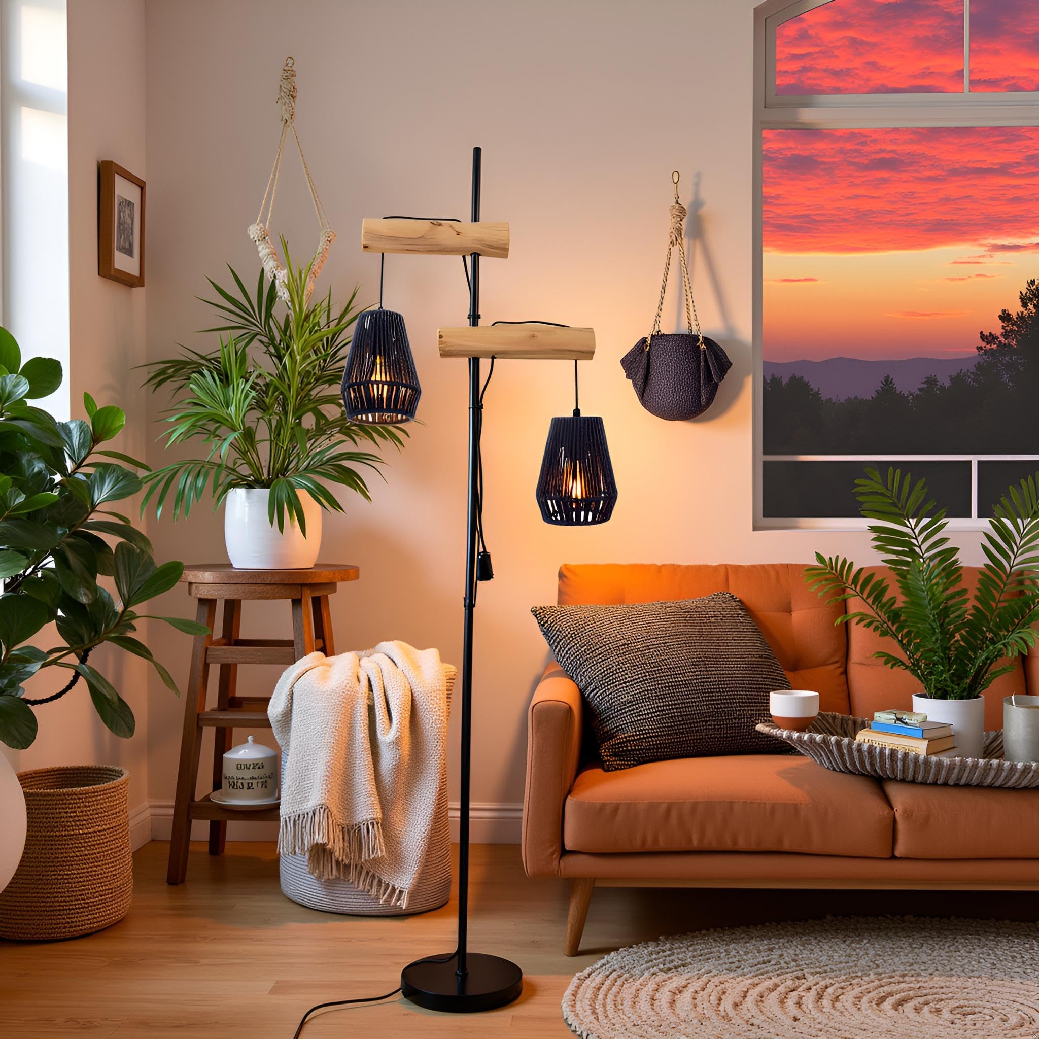 Stehleuchte Boho Vintage mit 2 Schirmen, Holz, Schwarz, 169cm | Industrielle Stehlampe, Für Wohnzimmer, Für Schlafzimmer, Für Kinderzimmer