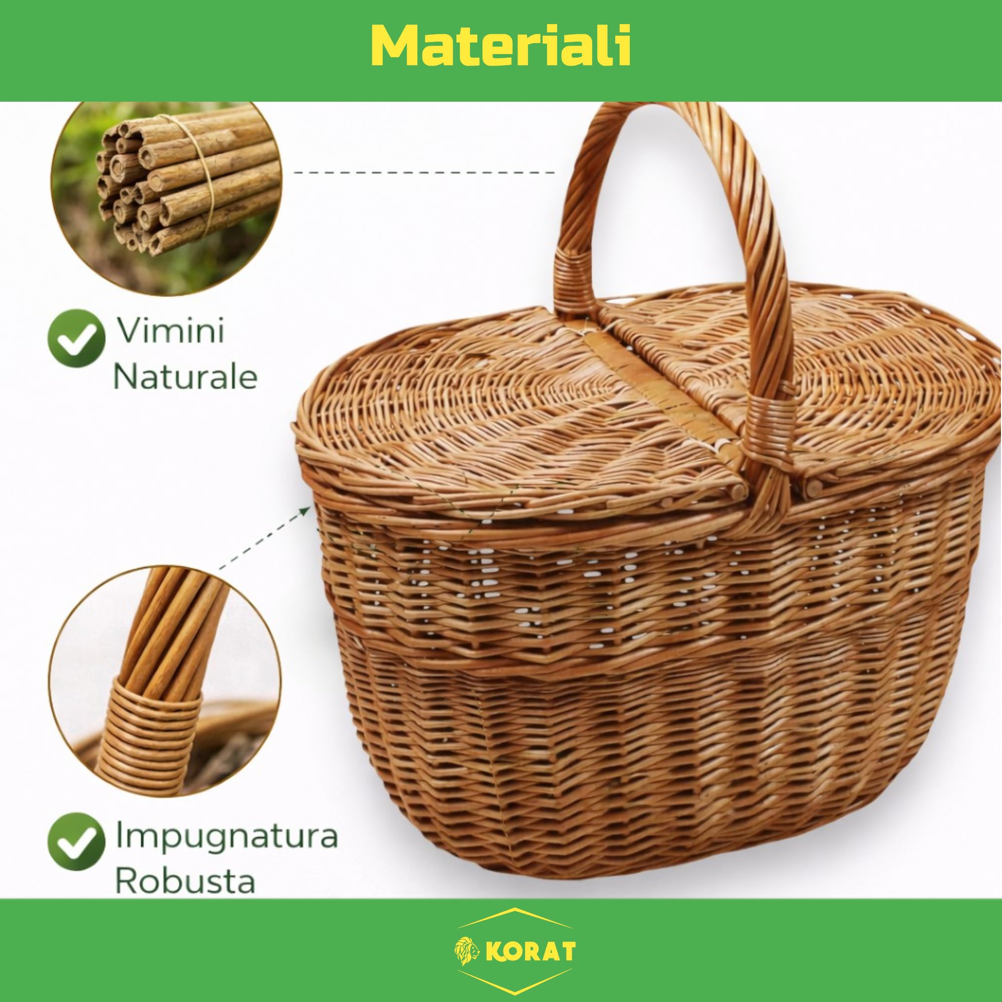 KORAT - Cestino Picnic in Vimini con Coperchio Doppio Apribile, Cesto Porta Funghi e Picnic, Manico Robusto, Vimini Naturale, 40x32x37 cm