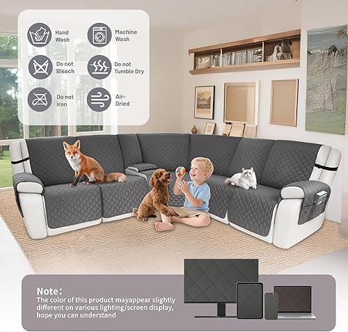 Miniatura 7 de Fundas impermeables para sofá modular reclinable en forma de L, 8 piezas antideslizantes y lavables, juego de fundas para sofá reclinable en esquina