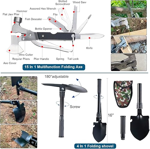 Miniatura 3 de Kit de supervivencia 254 en 1, kit de primeros auxilios para emergencias al aire libre, incluye hacha, pala, linterna, herramientas ideales para