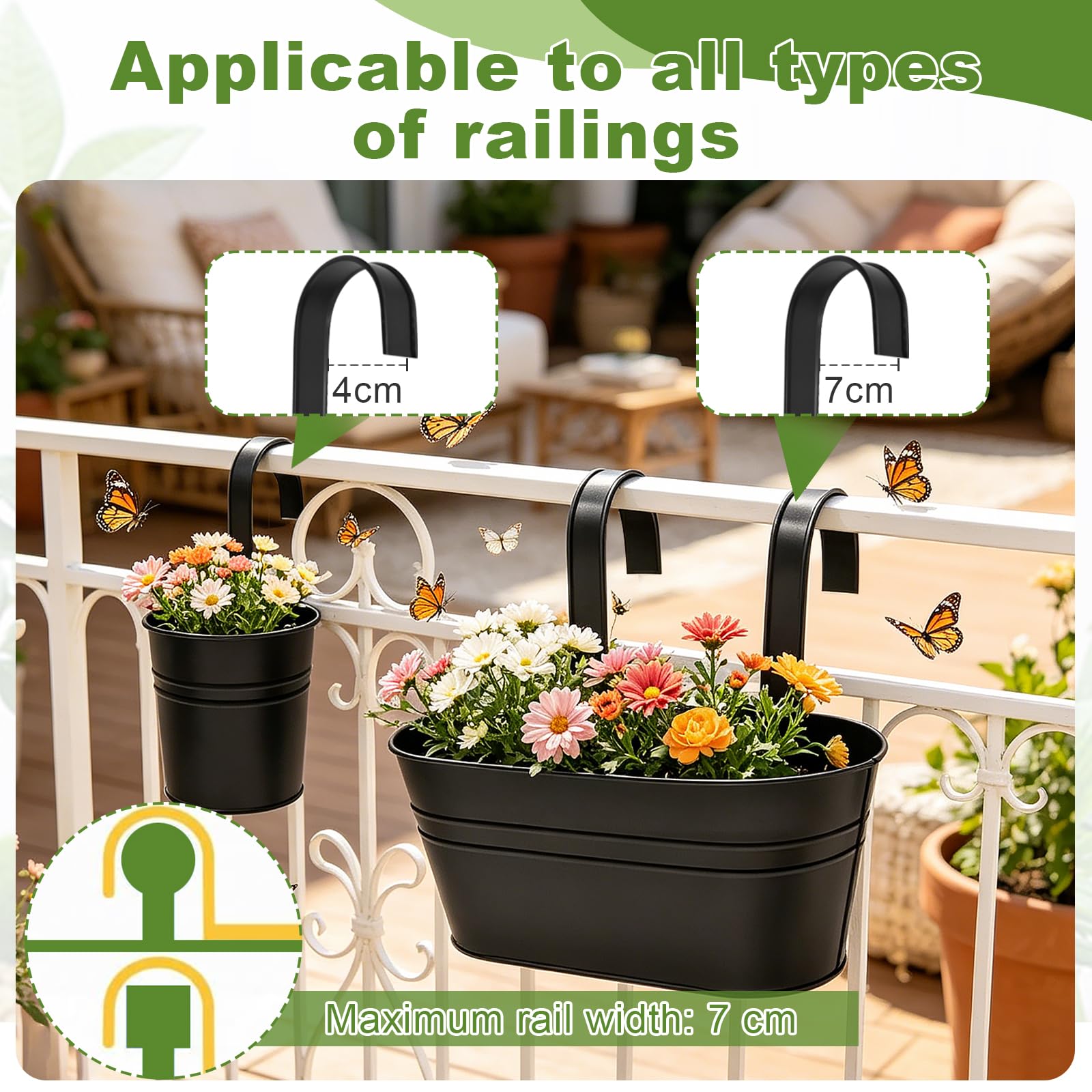 Lot de 6 Pots de Fleurs à Suspendre en Métal, Seaux à Fleurs Suspendre avec Crochet Amovible,Pots Suspendus Balcon Décor avec Set de 3 Outils de Jardinage