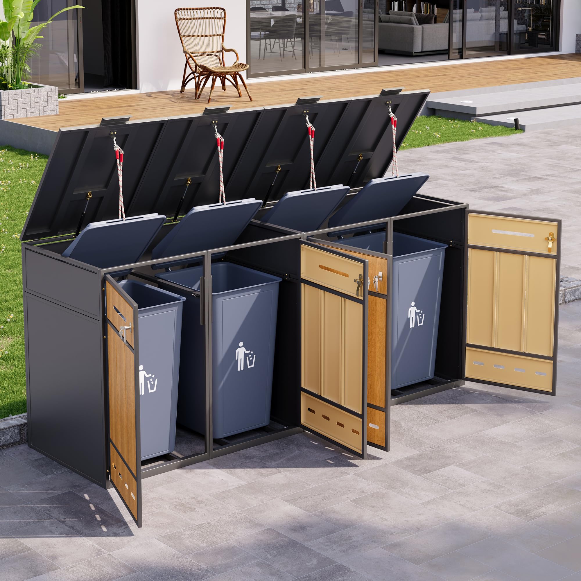 Caja para contenedores de basura, puede contener dos contenedores de basura (120-240 litros), con orificios de ventilación, compartimentos de almacenamiento de basura, con cerradura, dos puertas (1)