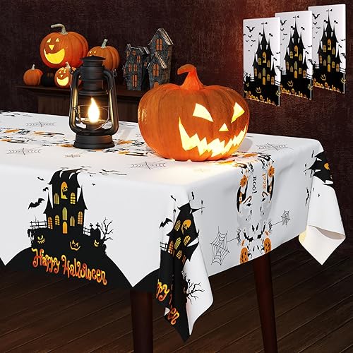 Fibevon Decoraciones de Halloween, 3 paquetes de manteles rectangulares de Halloween, mantel desechable de plástico de alta calidad para
