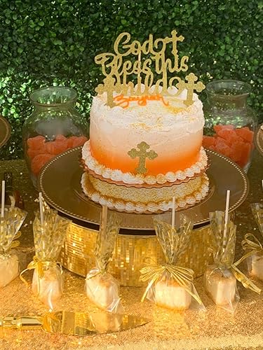 Vista 9 de JeVenis 25 adornos dorados brillantes para tartas y cruz, bendice a este niño, decoraciones para cupcakes de bautismo