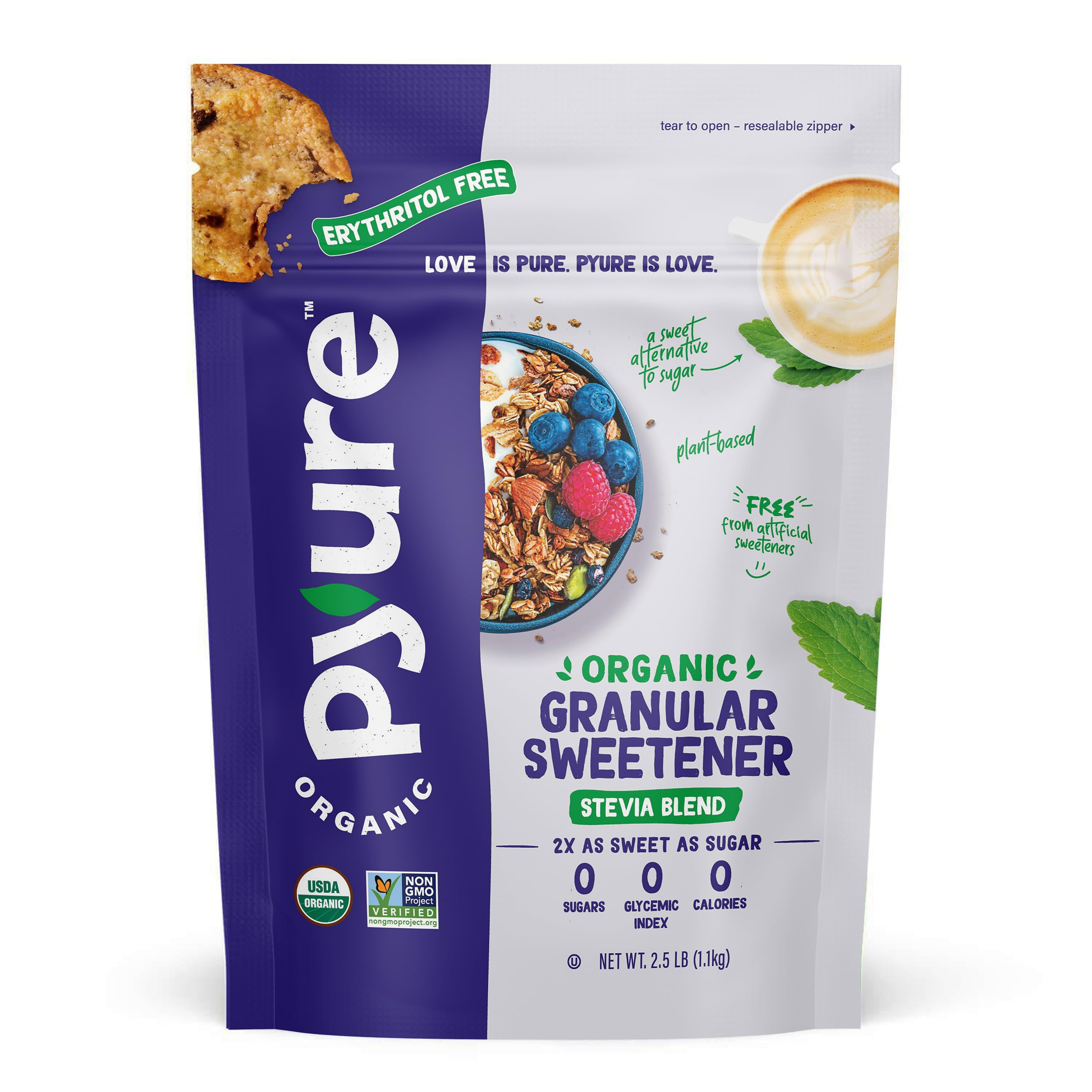 Organic Stevia Blend | Granulated Sugar Substitute with Zero Calories & Carbs | Keto, Diabetic & Vegan Friendly | Sugary Taste Alternative | USDA Organic, Non-GMO | Erythritol Free | Good For Baking | 2.5lb (40oz)