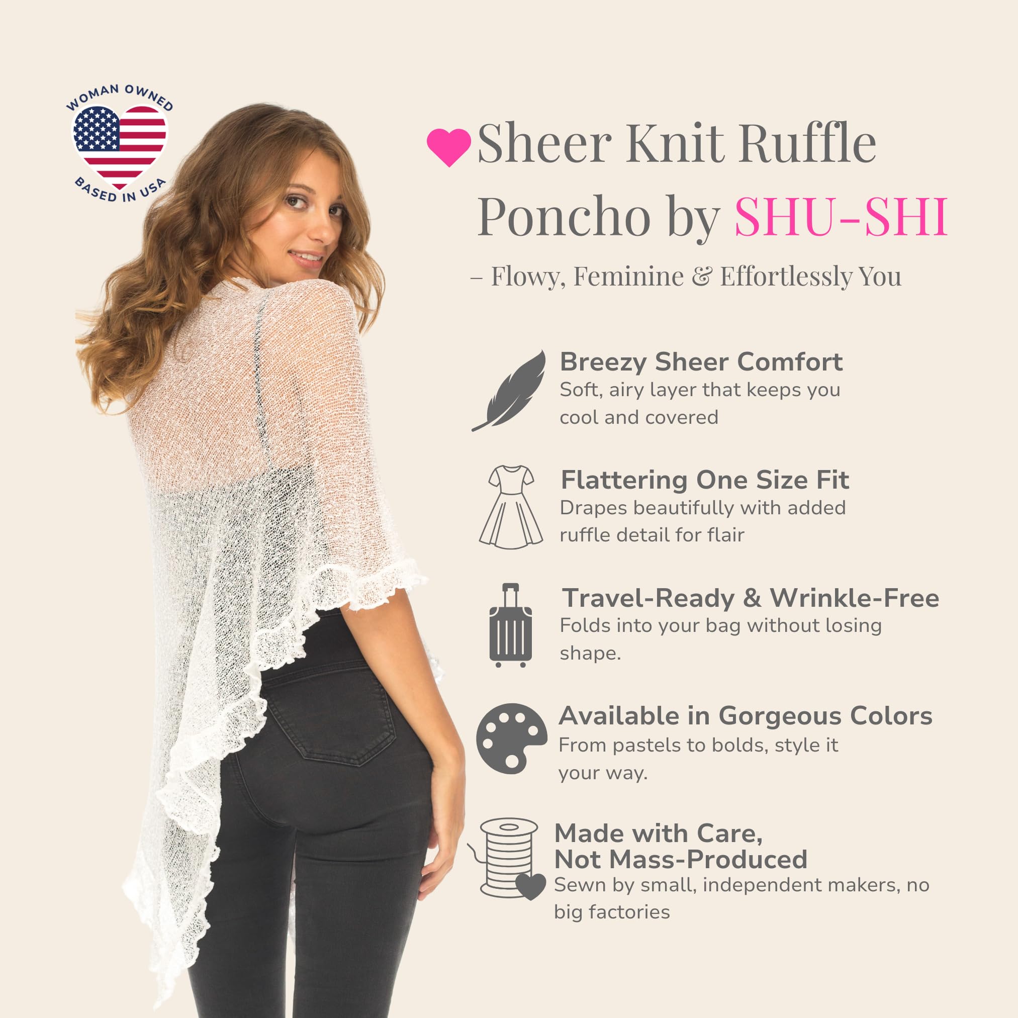 SHU-SHI Damen Transparenter Strick Poncho Leichter Asymmetrischer Rüschen Überwurf, Eleganter Sommer Cover Up