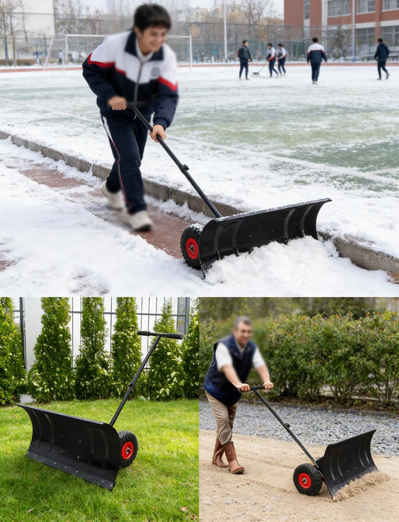 Empujador de nieve con ruedas, mango ajustable y hoja de acero para una eliminación eficiente de la nieve en la entrada y la pasarela