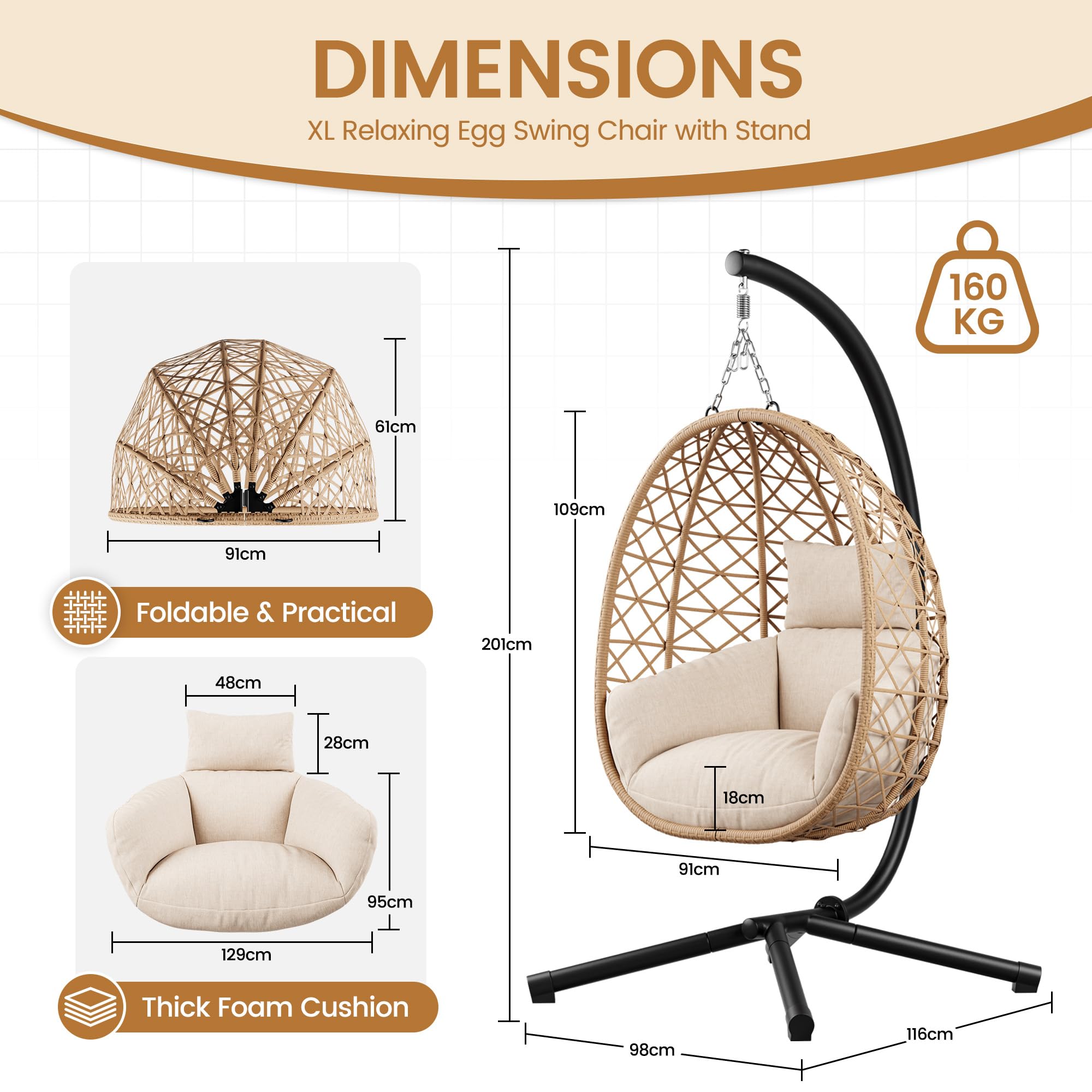UDPATIO Poltrona Sospesa a Forma di Uovo con Struttura, Sedia Sospesa da Esterno in Vimini PE, Cuscino Spesso 18 cm, Carico Max 160 kg, Dondolo da Giardino per Balcone e Terrazzo, Beige