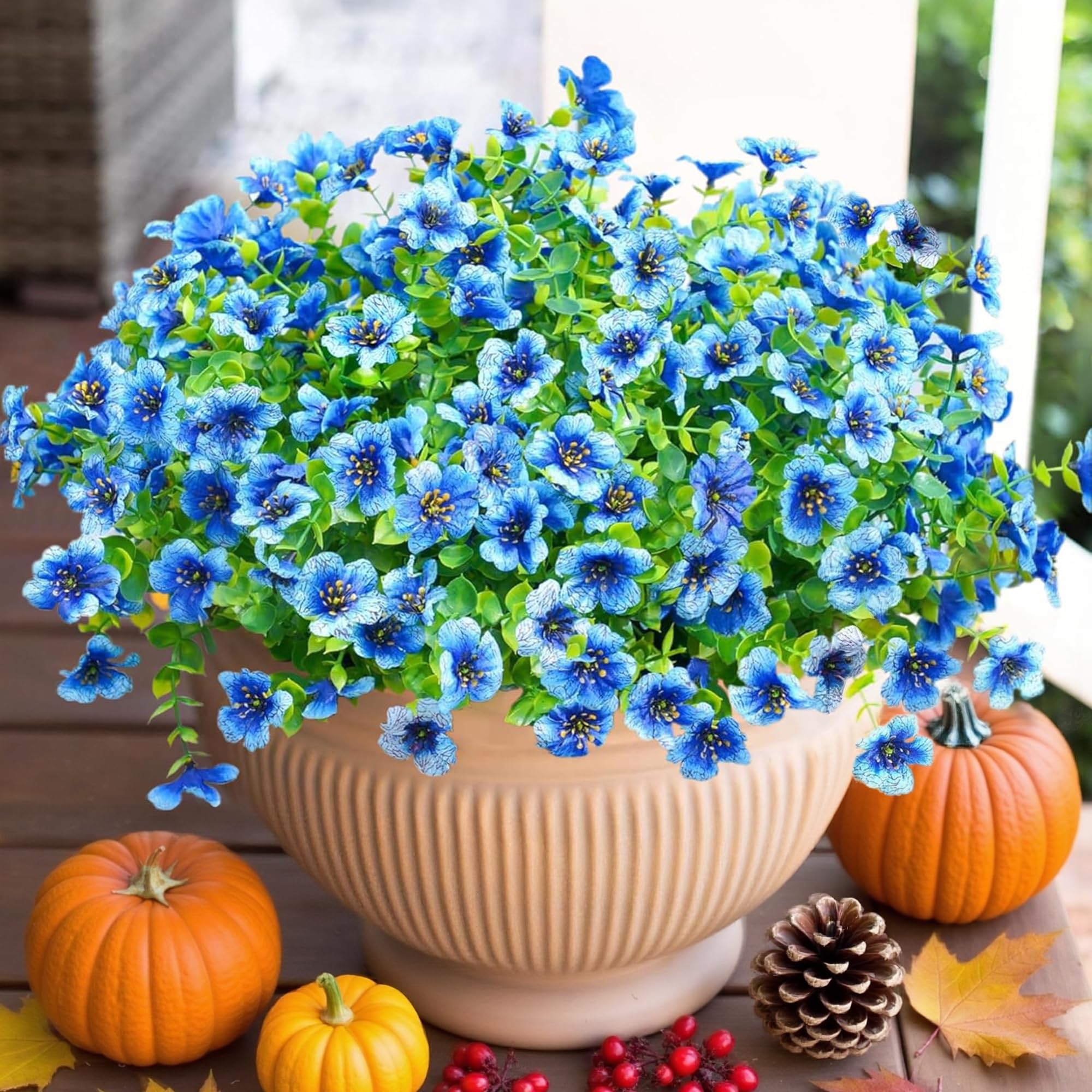 HyeFlora Artificial Flowers for Outdoor Indoor Garden Home Decoration, Faux Flower Daisy with Eucalyptus Leaves Fake Plants Greenery Boxwood Porch Patio, 12 Bundles (Blue)