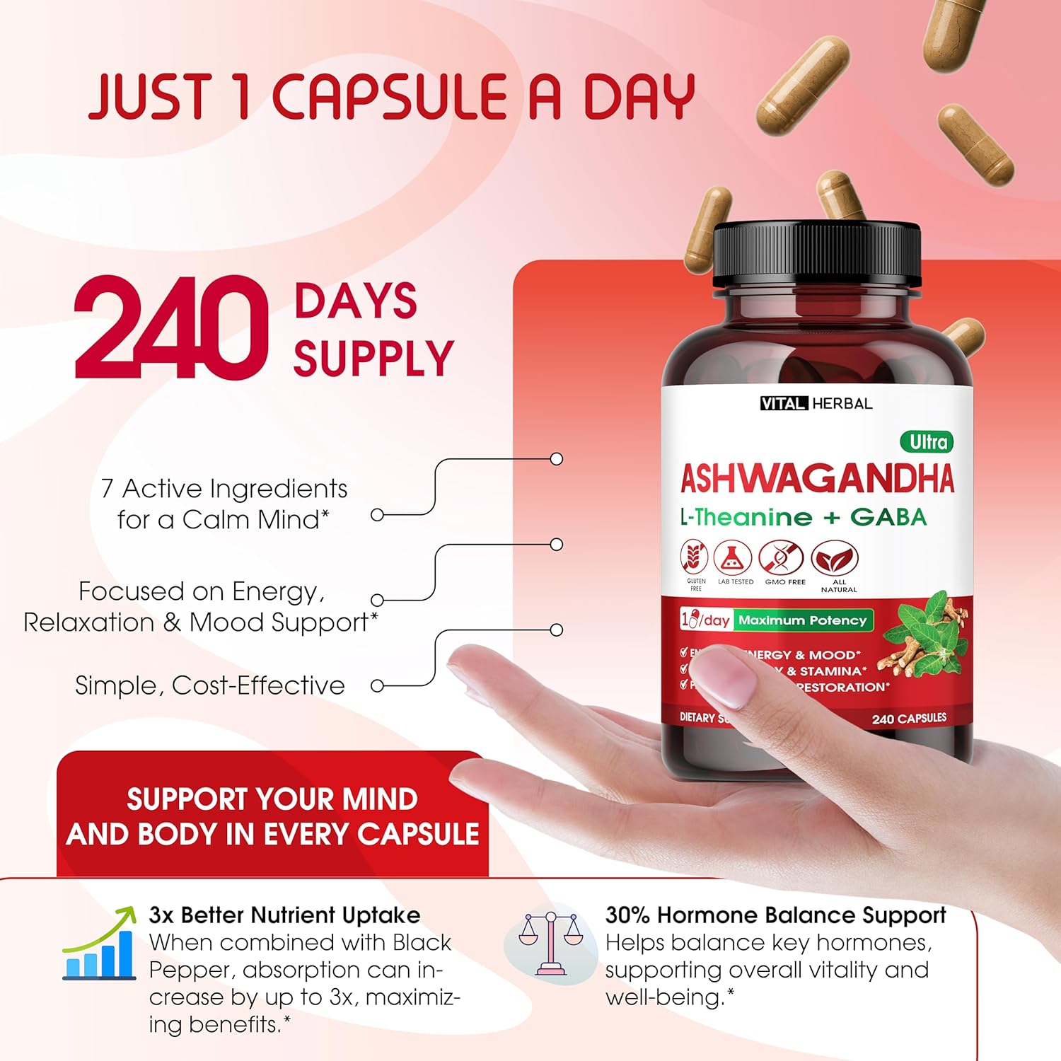 Ashwagandha Complex with L-Theanine, Turmeric, Rhodiola & St. John’s Wort – Herbal Blend for Daily Wellness – 240 Capsules - Image 6