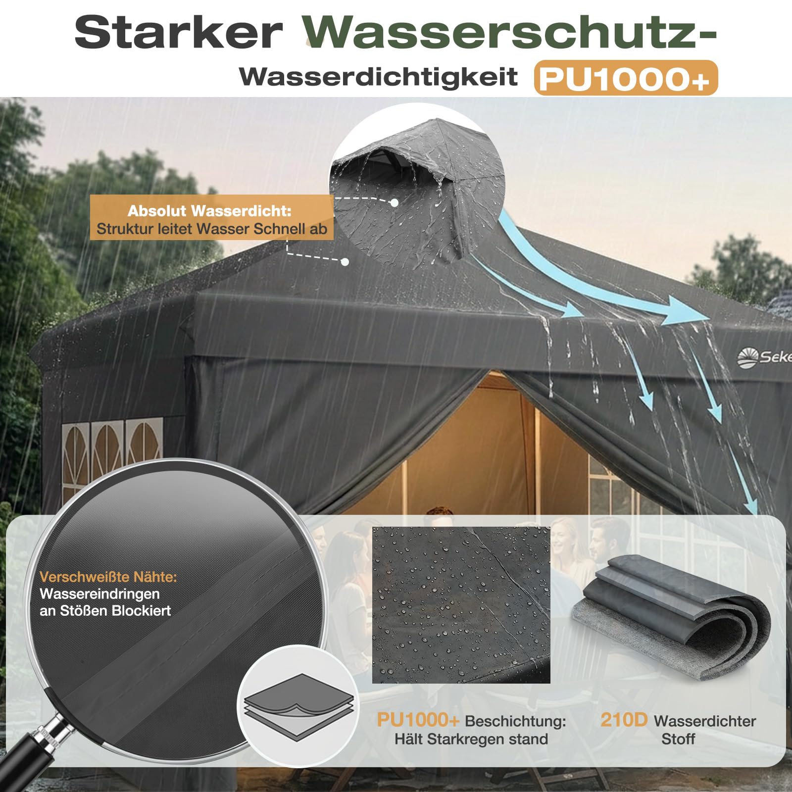 Sekey Pop Up Pavillon Wasserdicht Stabil Winterfest mit Seitenwänden, Faltpavillon 3 x 3 m, Camping Pavillion Faltbar Partyzelt mit Belüftung, Designer Serie 3x3, (Grau, 3x3 Mit Seitenwänden)