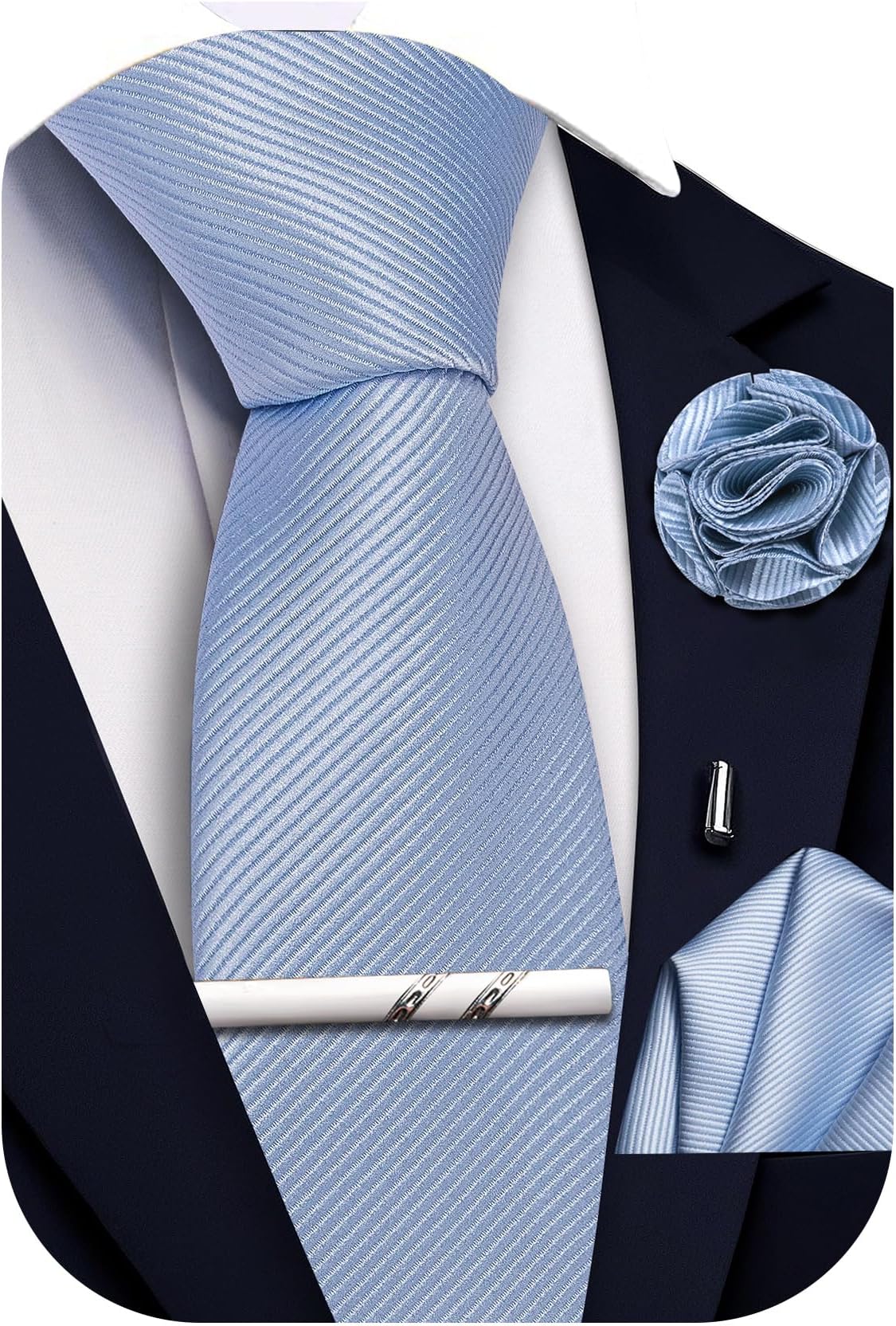 Solid Color Tie and Pocket Square with Tie Clip Lapel Pin Silk Formal Necktie Set Wedding Formal
