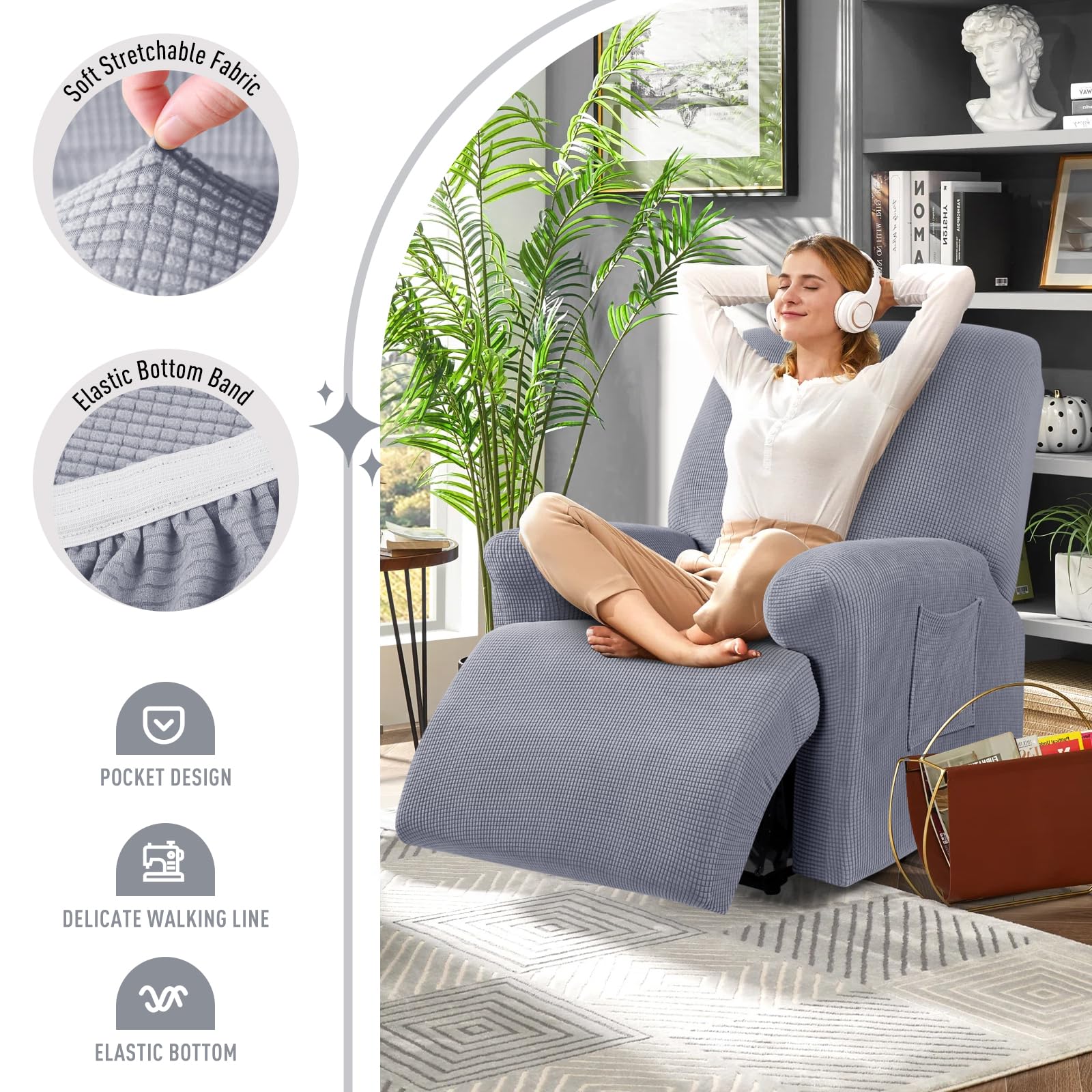 TAOCOCO Oversized Recliner Chair Covers, 1 Seater Streach Recliner Covers Soft Couch Protector Furniture Protector Covers with Elastic Chair Covers Jacquard Pattern, Dusty Grey