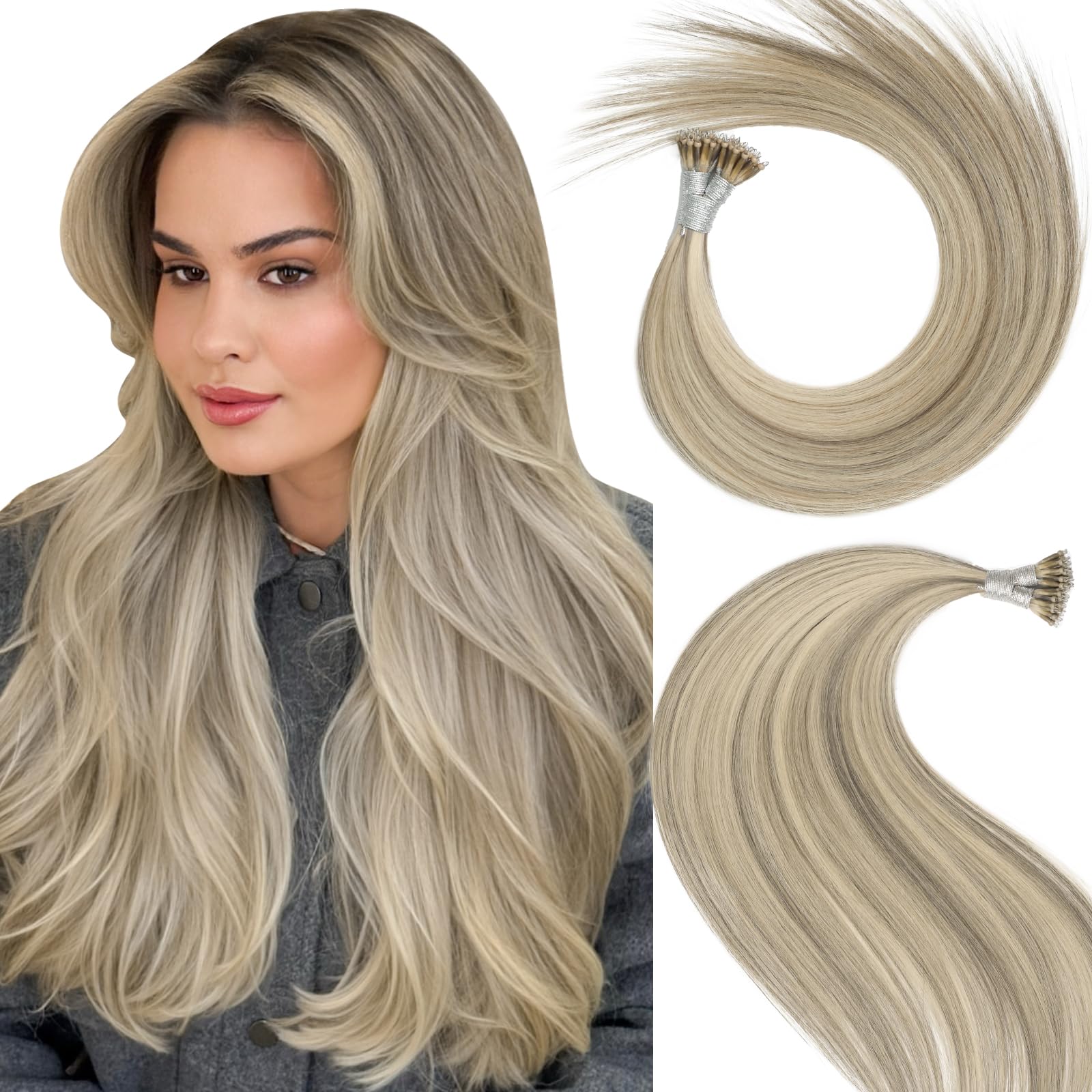 Nano Hair Extensions Human Hair 1660#-Grey Brown Mixed High Gloss Gold 18inch 40G/50S/Pack Nano Bead Hair Extensions Human Hair Nano Ring Hair Long Straight For Women