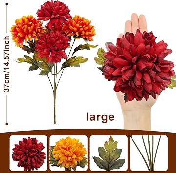 4 Bundles Large Artificial Fall Flowers Faux Mums for Outdoor Planters