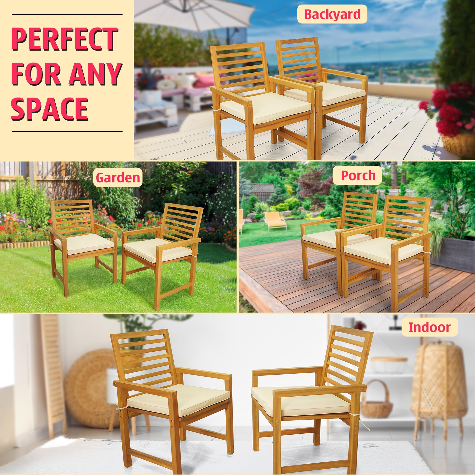 Solara - Juego de 2 sillas de madera de acacia para exteriores con cojines, capacidad de 500 libras, sillones de madera resistentes a la intemperie, sillas de jardín y terraza de madera 5