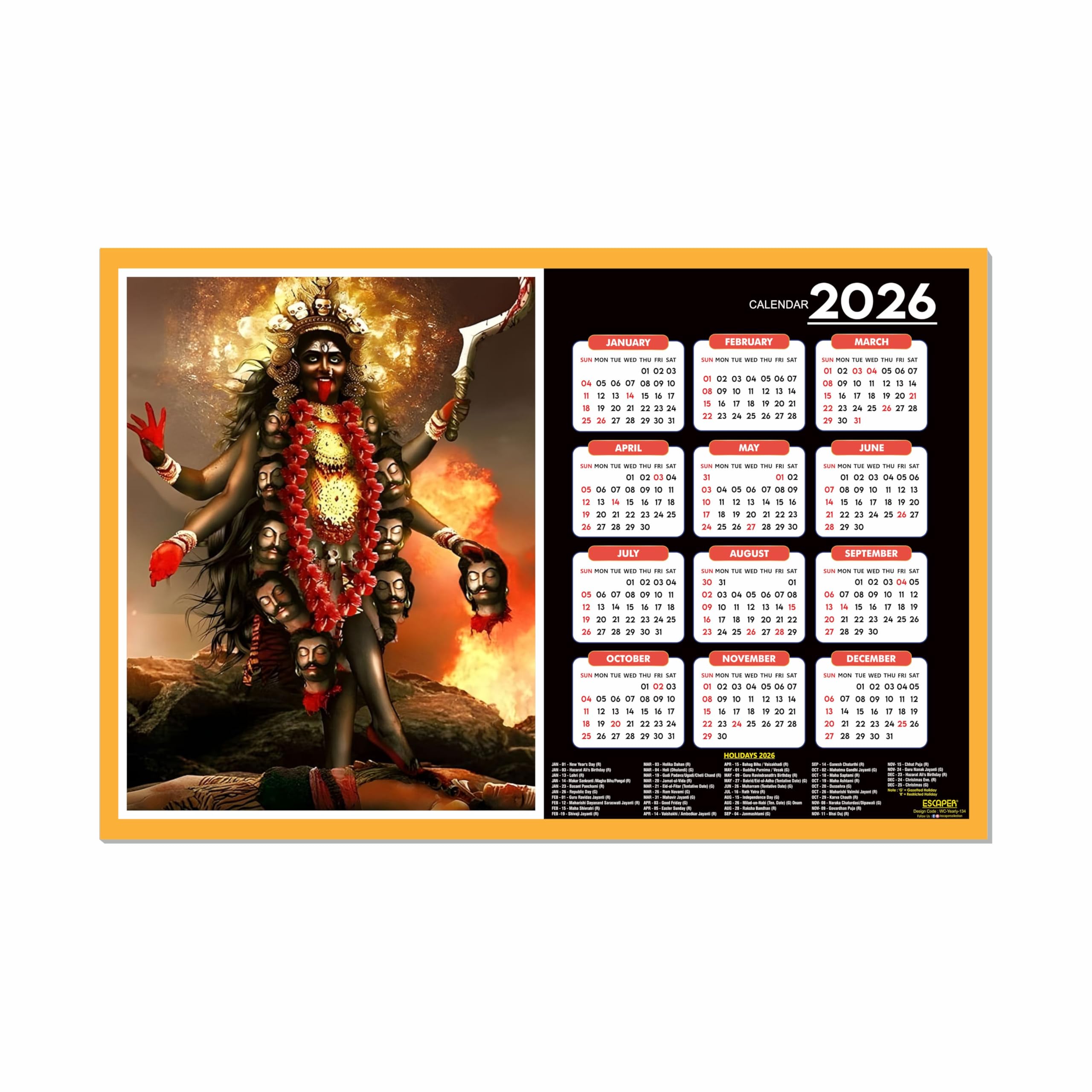 ESCAPER Göttin Lakshmi Wandkalender 2026 - 45 x 30 cm, Laxmi Ji, Laxmi Devi, Durga, Saraswati & Kali Mata Fotos, religiöser Wandkalender für Zuhause, Büro & Pooja Zimmer