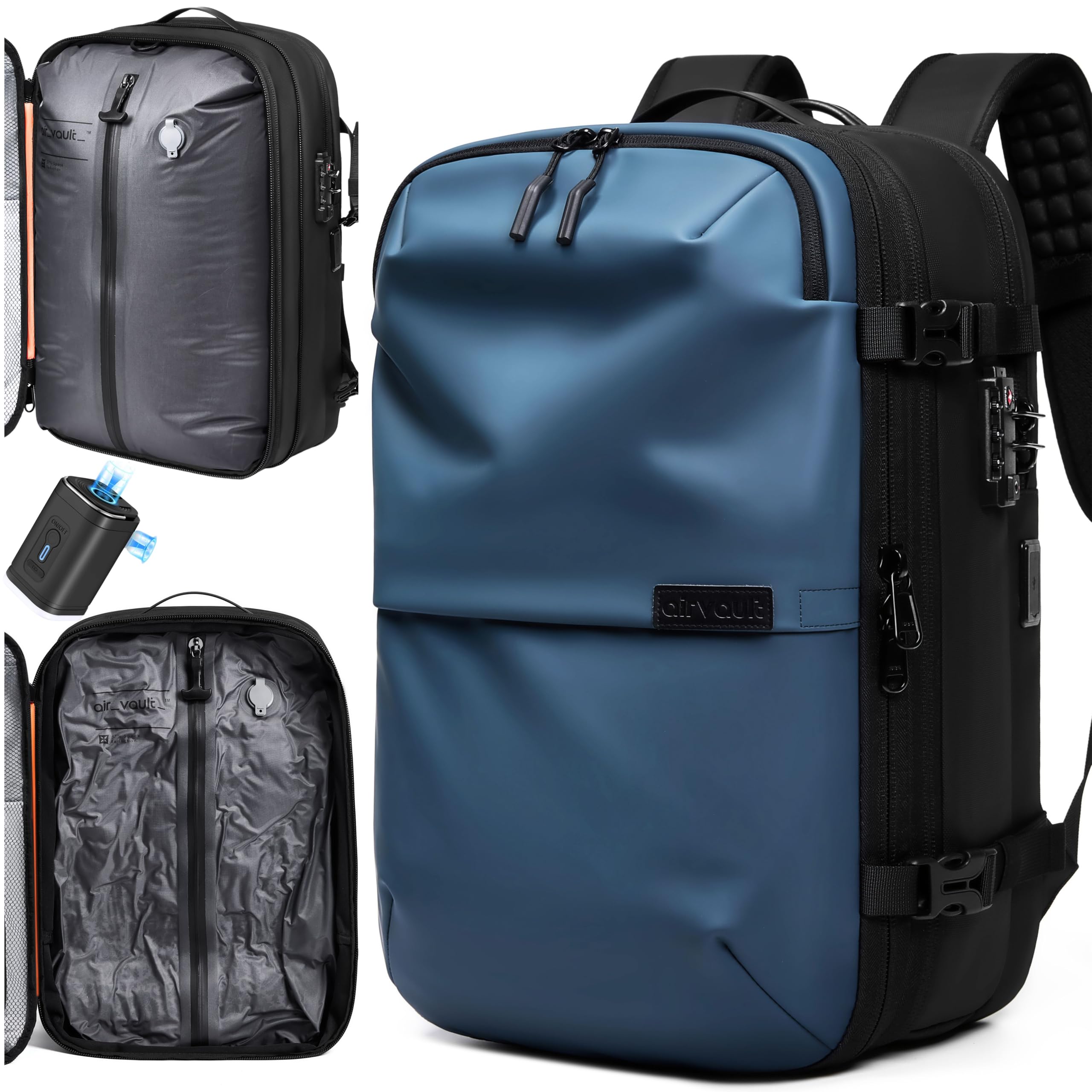 AirVault Vacuum Seal Travel Backpack 60L with Expandable HyperSeal Air Compression Vacuum System Water Resistant TSA Lock (Vacuum Pump Included, Blue,