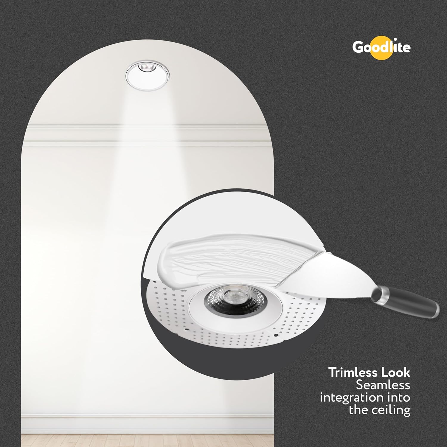 Goodlite G-48400 LED Luminaire showing a trimless look with seamless integration into the ceiling, with a trowel applying plaster around the fixture.