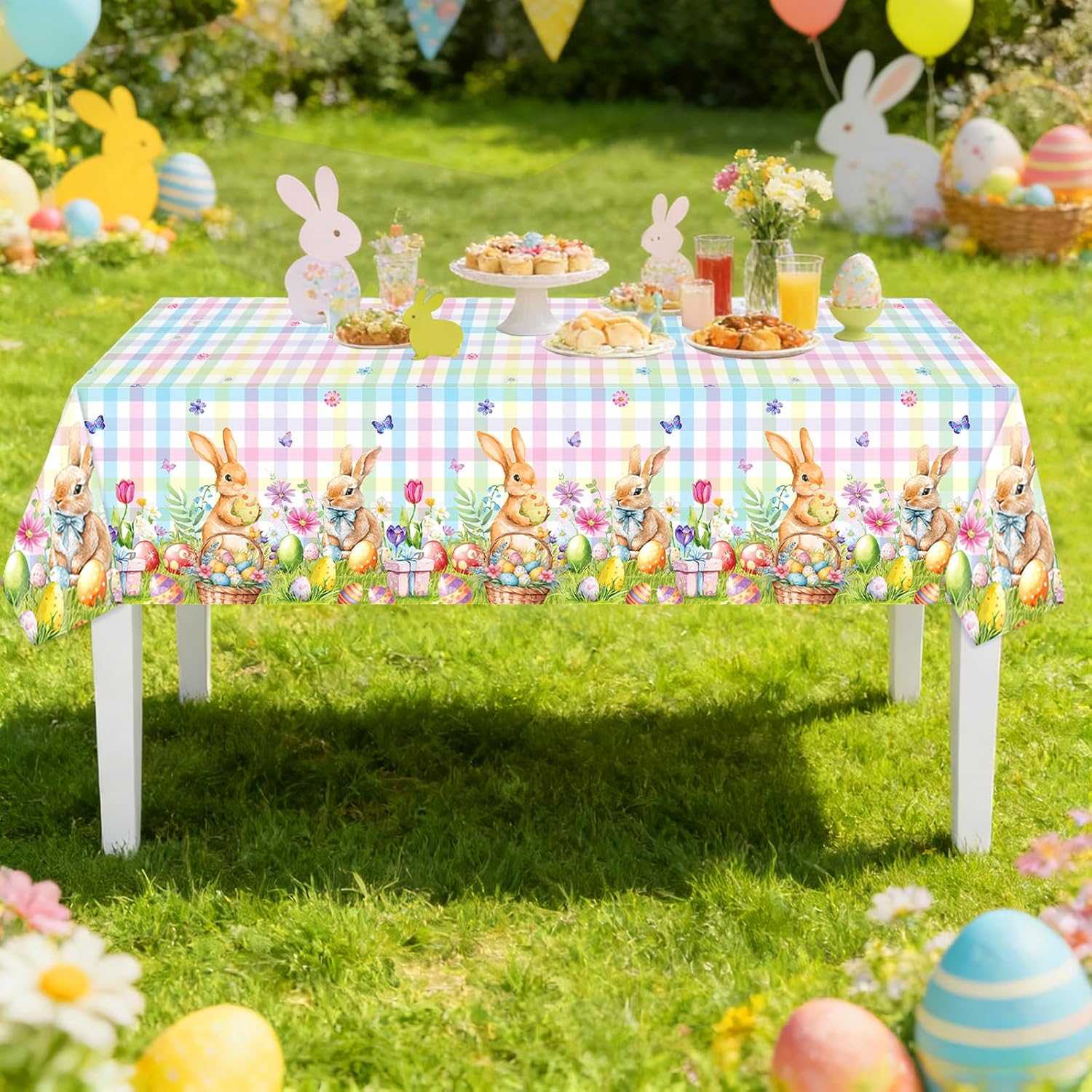 3 PCS Easter Tablecloth Colorful Bunny Egg Floral Designs Plastic Table Cloth Disposable Rectangle Table Cloth for Spring Easter Birthday Party Decorations