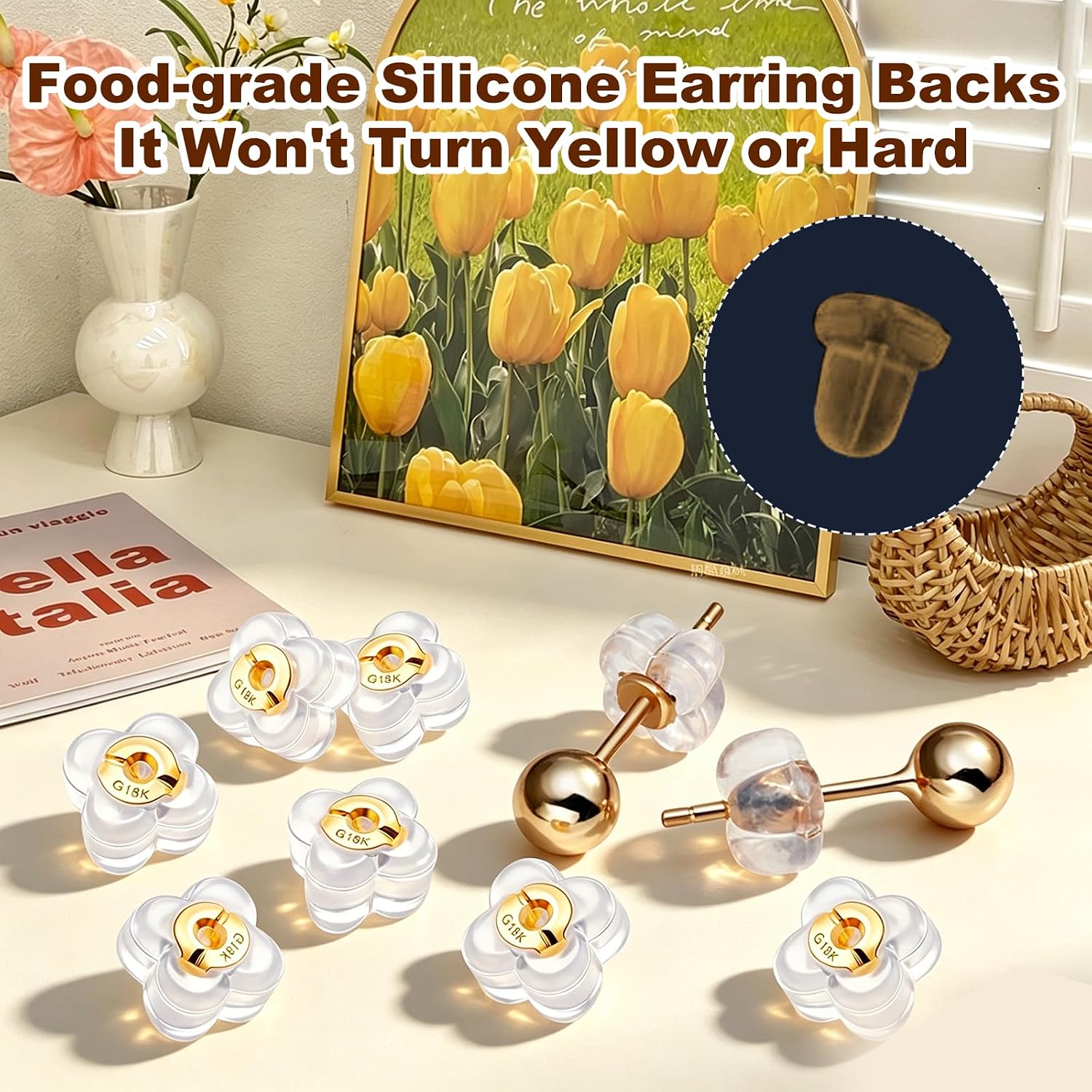 8PCS 18K Gold Locking Secure Earring Backs for Studs, Silicone Earring Backs Replacements for Studs/Droopy Ears, No-Irritate Hypoallergenic Soft Clear Earring Backs for Men and Women