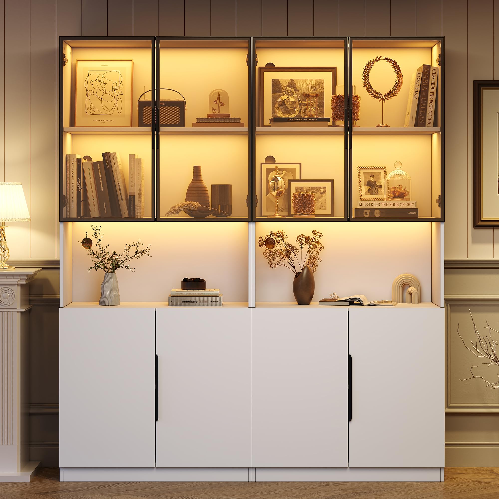 Vitrina minimalista moderna con luces LED ajustables, estante coleccionable para decoración del hogar, control de temperatura de color y brillo, 2 estantes blancos, elegante solución de almacenamiento