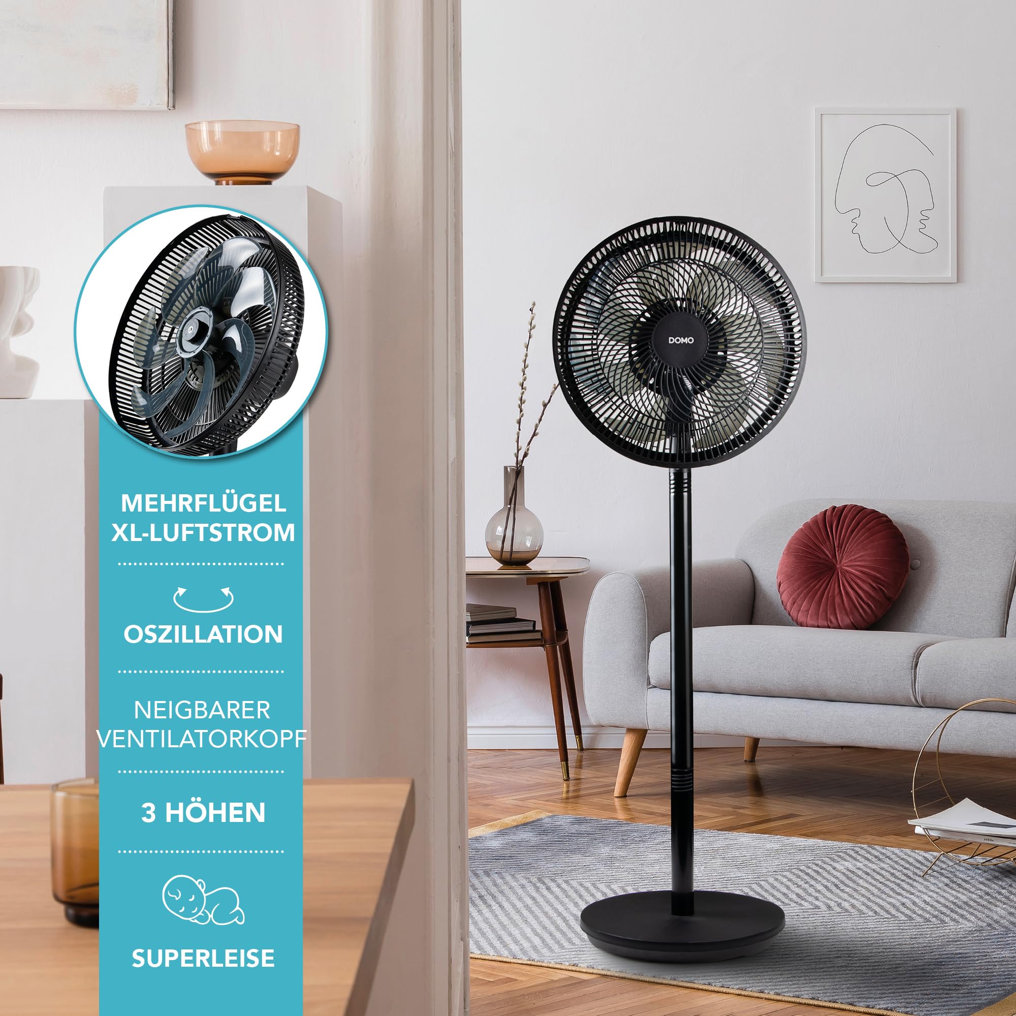 DOMO DO8159 wentylator stojący 2 w 1 Multiblade – wentylator z 7 łopatkami – cichy 44 dB – 3 poziomy oscylacji – regulacja wysokości – wentylator kolumnowy do sypialni i salonu