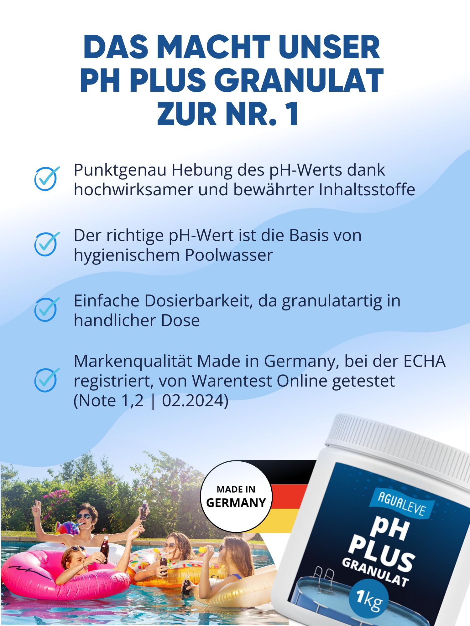 AGUALEVE® pH Plus Granulat 1kg *NEU* | hebt den pH-Wert punktgenau | für Pools, Aufstellpools, Whirlpools jeder Art und Größe | Markenqualität Made in Germany | mit Note 1,2 getestet