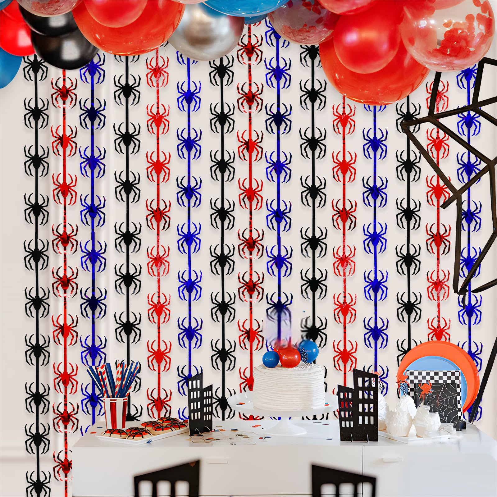 Bupelo Decoraciones de cumpleaños de telaraña, Paquete de 2 Unidades, Suministros de Fiesta de cumpleaños de araña roja, Negra y Azul, 1 x 2 m, Cortinas de Flecos de Papel de Aluminio de oropel para