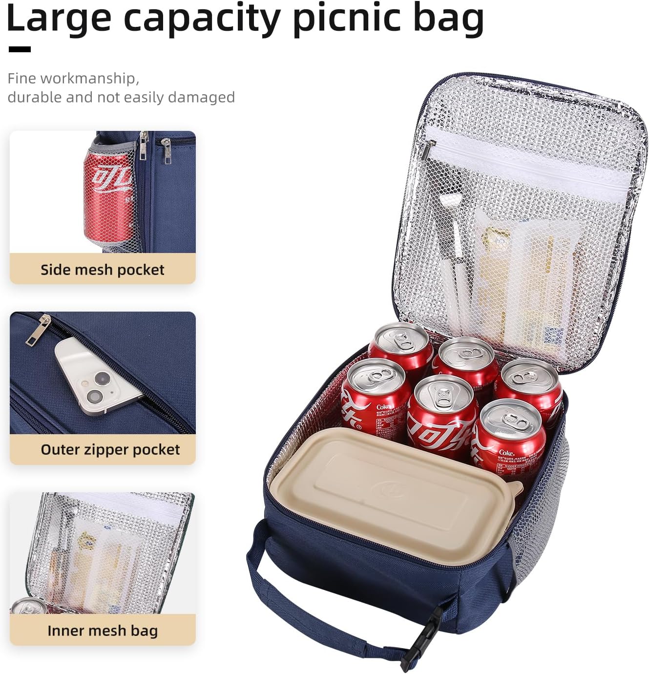 Lovoeo Lunch box Lunch bag for men women Insulated Lunchbox Lunch bags for Work Picnic Travel (Navy blue) image 4