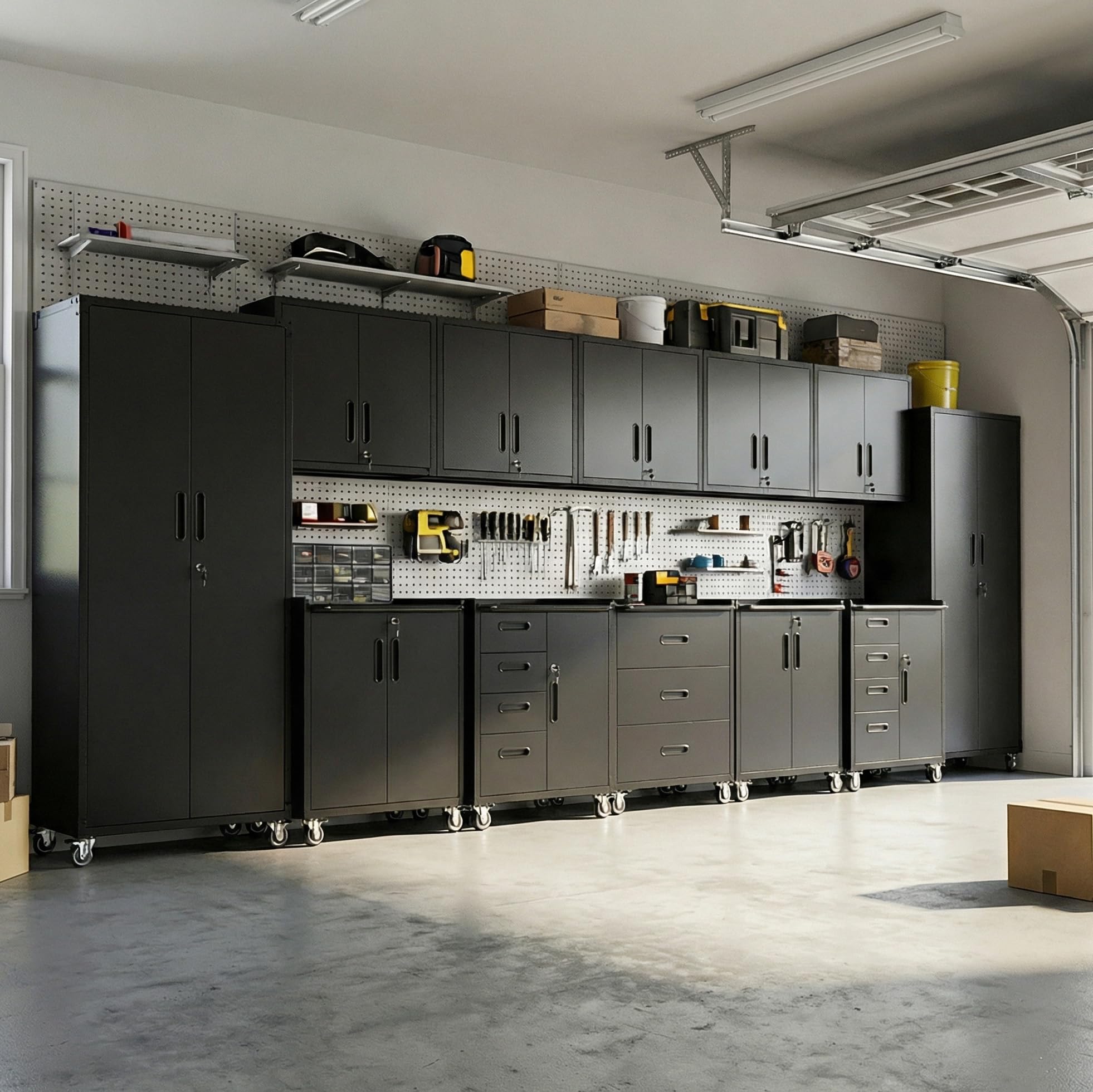 12-Piece Heavy Duty Steel Garage Cabinet System | All-in-One Modular Garage Cabinet Set for Ultimate Workshop Organization | Easy Assembly Garage Storage Cabinets &amp; Tool Bench (Black)