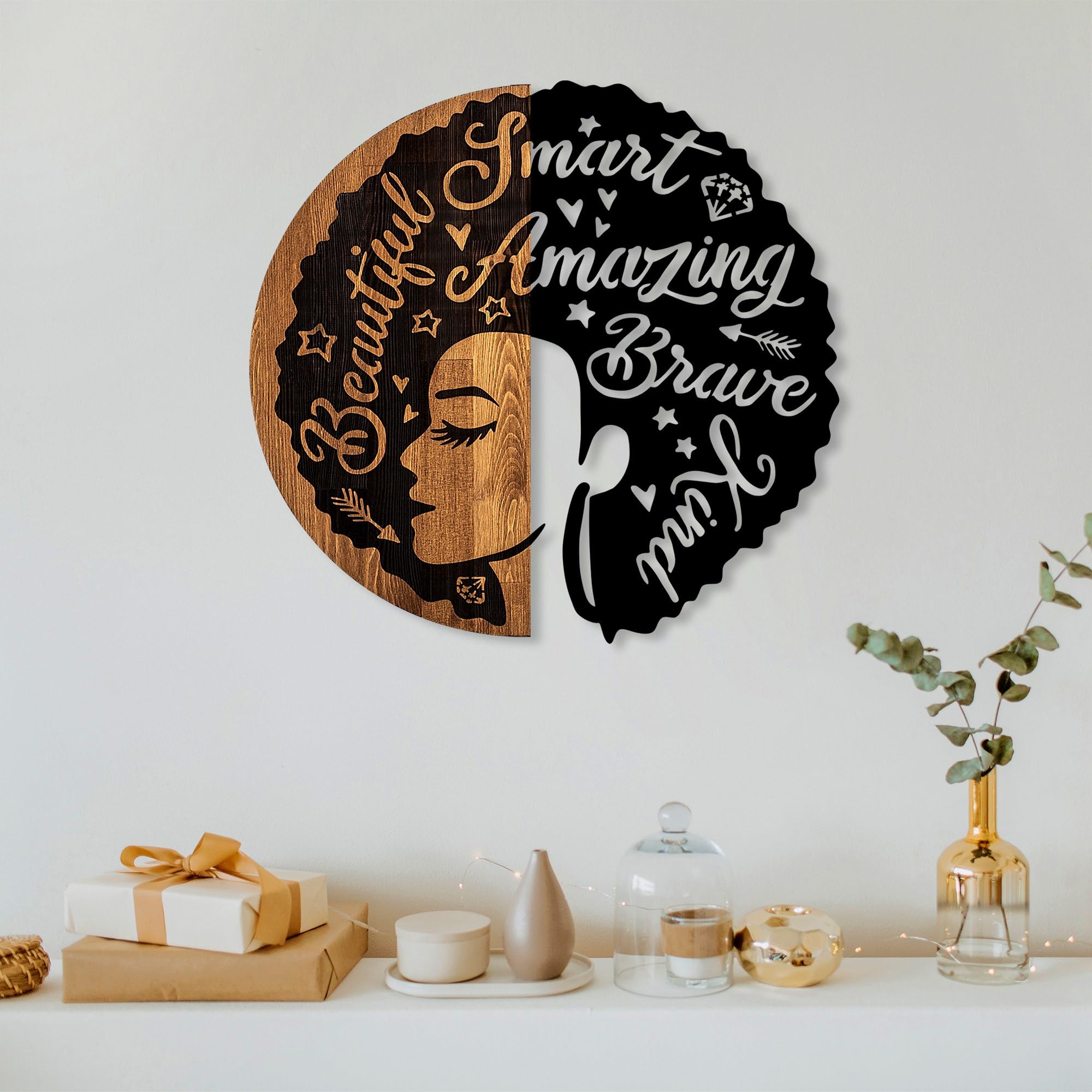 Elegant Decorative Wooden Wall Accessory, 56 x 59 cm, 100% Real Wood (3 cm) & Metal (1.5 mm), Unique Walnut & Black Finish, Perfect for Home Decor