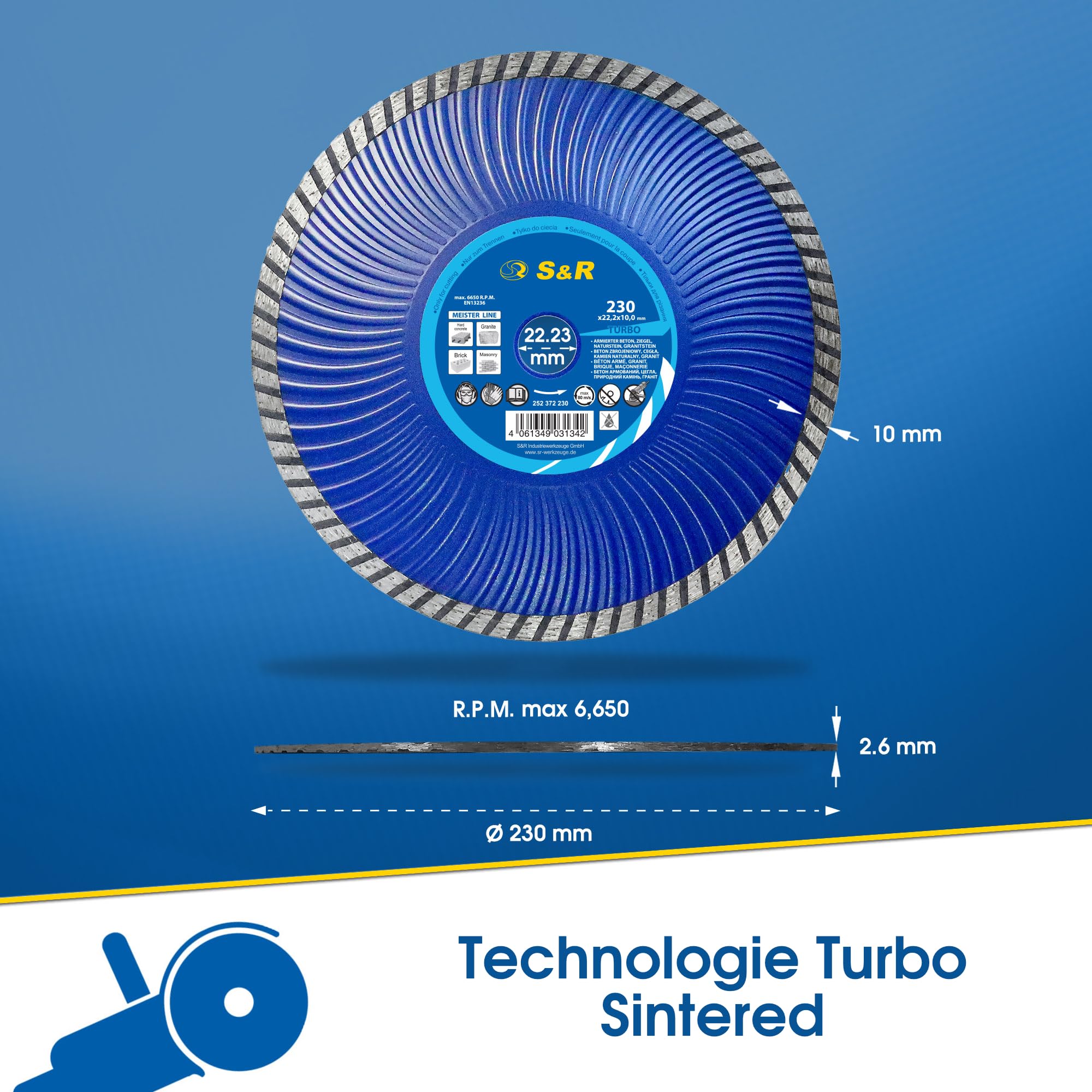 Disque Diamant 230mm Turbo S&R - Pour Béton Armé, Coupe à Sec, Alésage 22.2mm