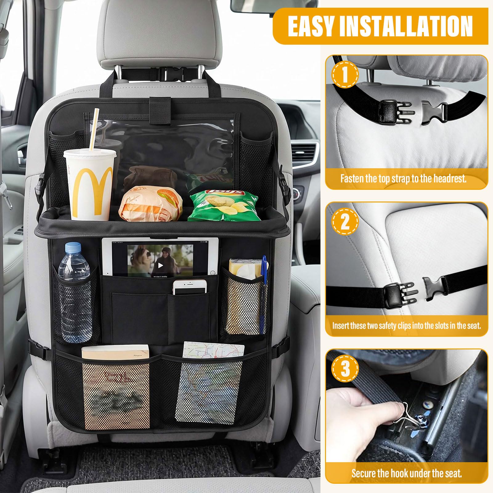 Organisateur Voiture Enfant, Lot de 2 Organisateurs de Siège de Voiture | Protection Siege Voiture Enfant Étanche Avec Table Pliante, Rangement pour Tablette/Téléphone et 9 Poches, 42 x 61 cm