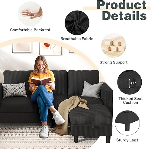 Miniatura 3 de JY QAQA Sofá modular convertible con sofá de 3 asientos, sofá otomano en forma de L con tela de lino moderna para sala de estar pequeña, apartamento