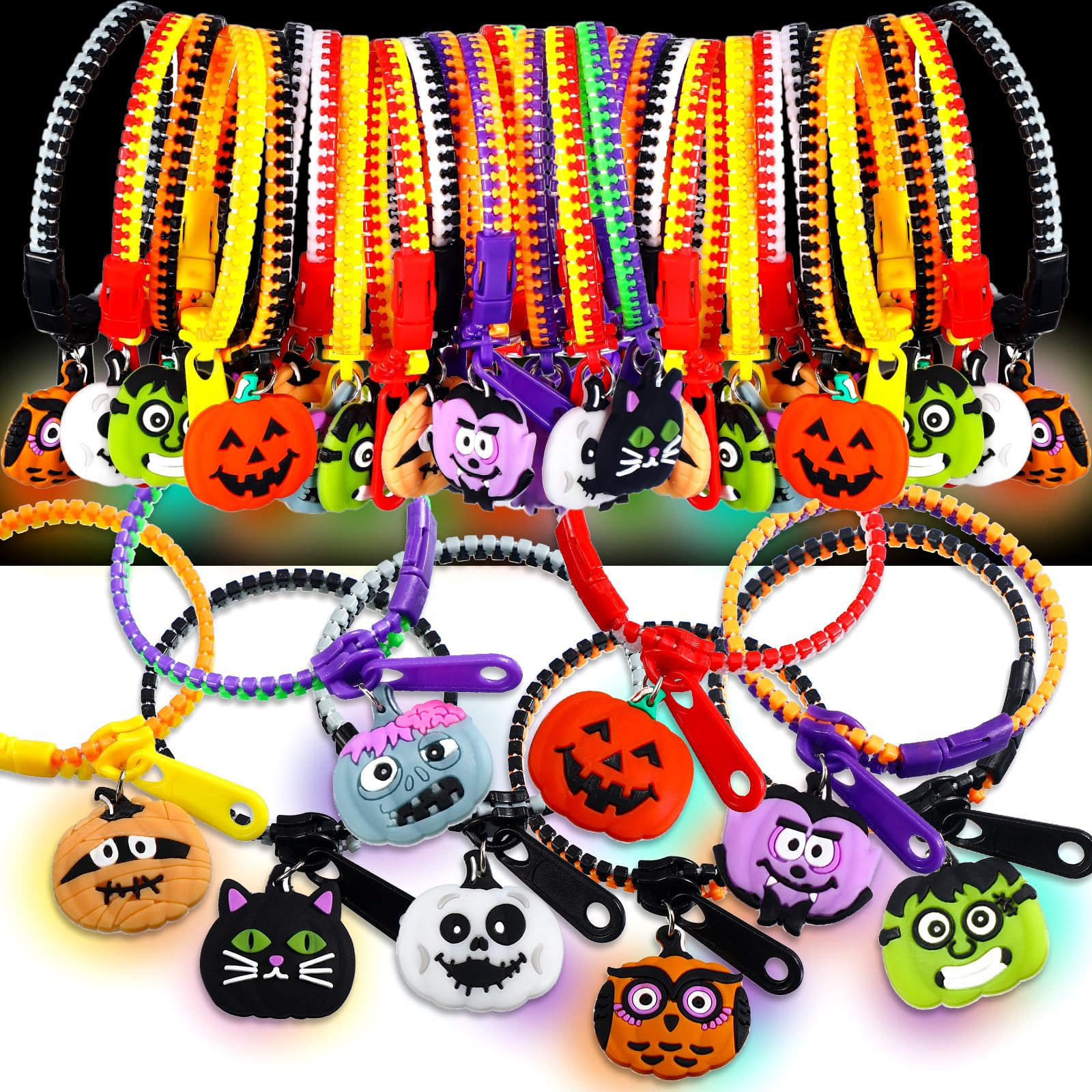 Halloween Pulseras Cremallera – 18 Brazaletes Antiestrés Con Motivos De Brujas, Murciélagos Y Fantasmas, Regalos Para Fiestas Y Cumpleaños