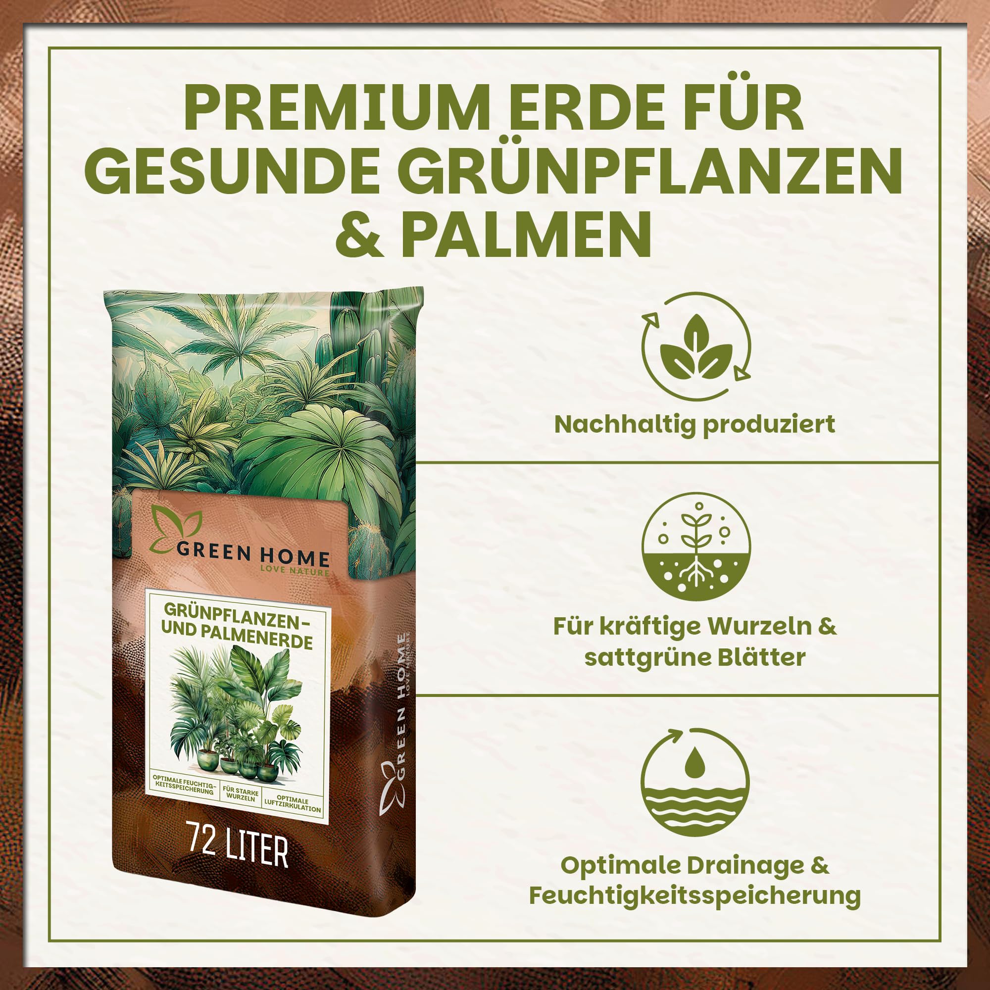 Green Home Grünpflanzen- & Palmenerde 72L – Pflanzenerde für Palmen, Grünpflanzen & Zimmerpflanzen – Mit Torf & Holzfasern – Hochbeet-Erde & Gemüseerde für gesundes Wachstum
