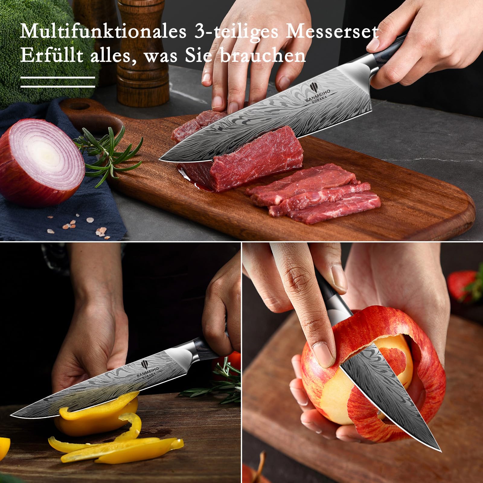 SANMEIHO Küchenmesser Set Japanisch 3-Teilig Pulverstahl, Profi Messerset | Inklusive Kochmesser, Allzweckmesser, Spickmesser Ultrascharf, Ergonomischer Holzgriff Hohe Härte