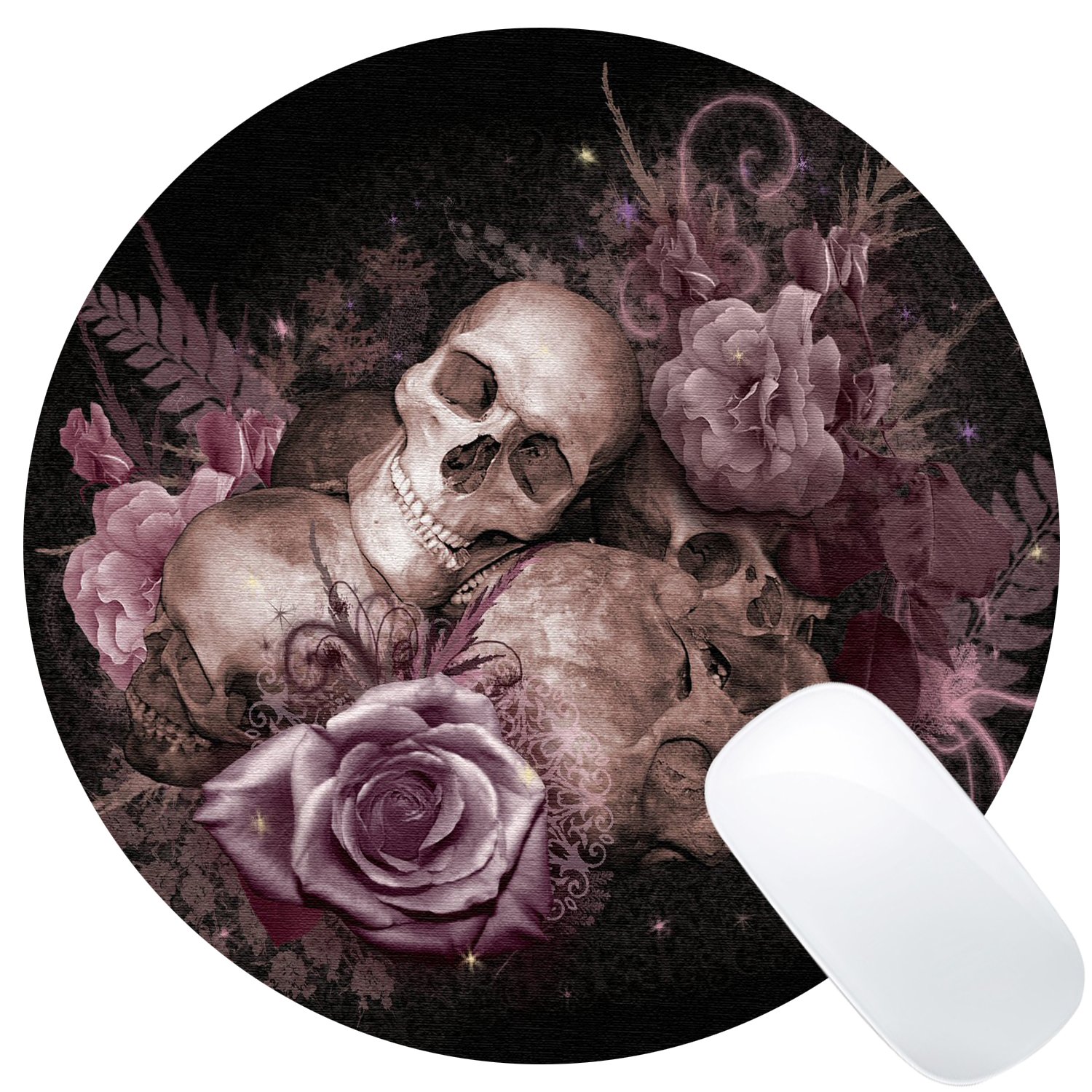 Wknoon Vintage Pink Rose Skull Design Round Mouse Pad Retro Floral Skull Circular Mouse Pads