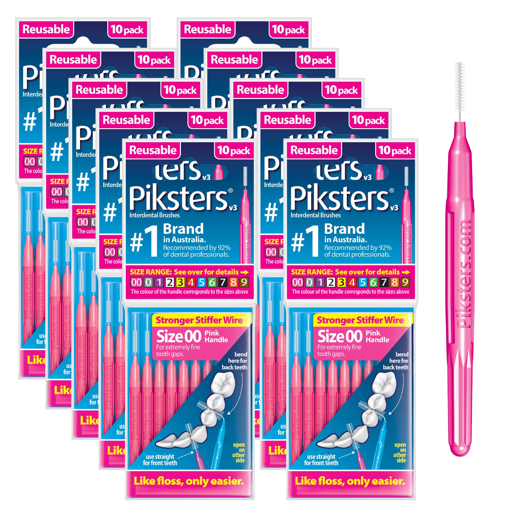 Piksters Interdental Brushes, Size 00, 10 Count - 10 Pack, Interdental Tooth Brush for Extremely Tight Gaps, Gum Soft Bristles for Plaque Removal, Safe for Braces (100 pk) 100 Count (Pack of 1) Size 00 (Pink)