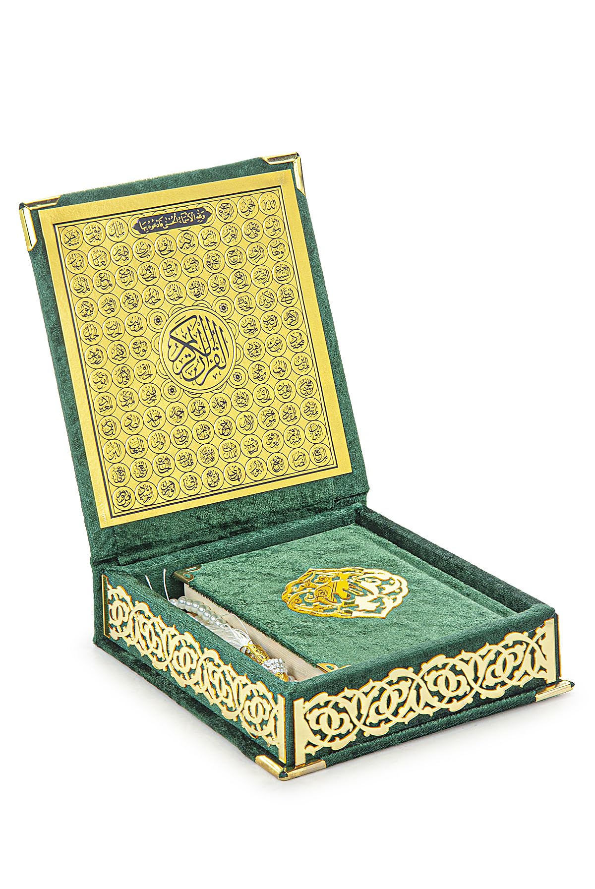 ihvan online, The Holy Qur'an Set, Islamic Prayer Gift Box with Pocket-sized Velvet Covered Quran, Tesbih, Inner Lid Names of Allah (Asmaul Husna), 3 Pieces for Ramadan & Eid & Dowry Gifts, Green