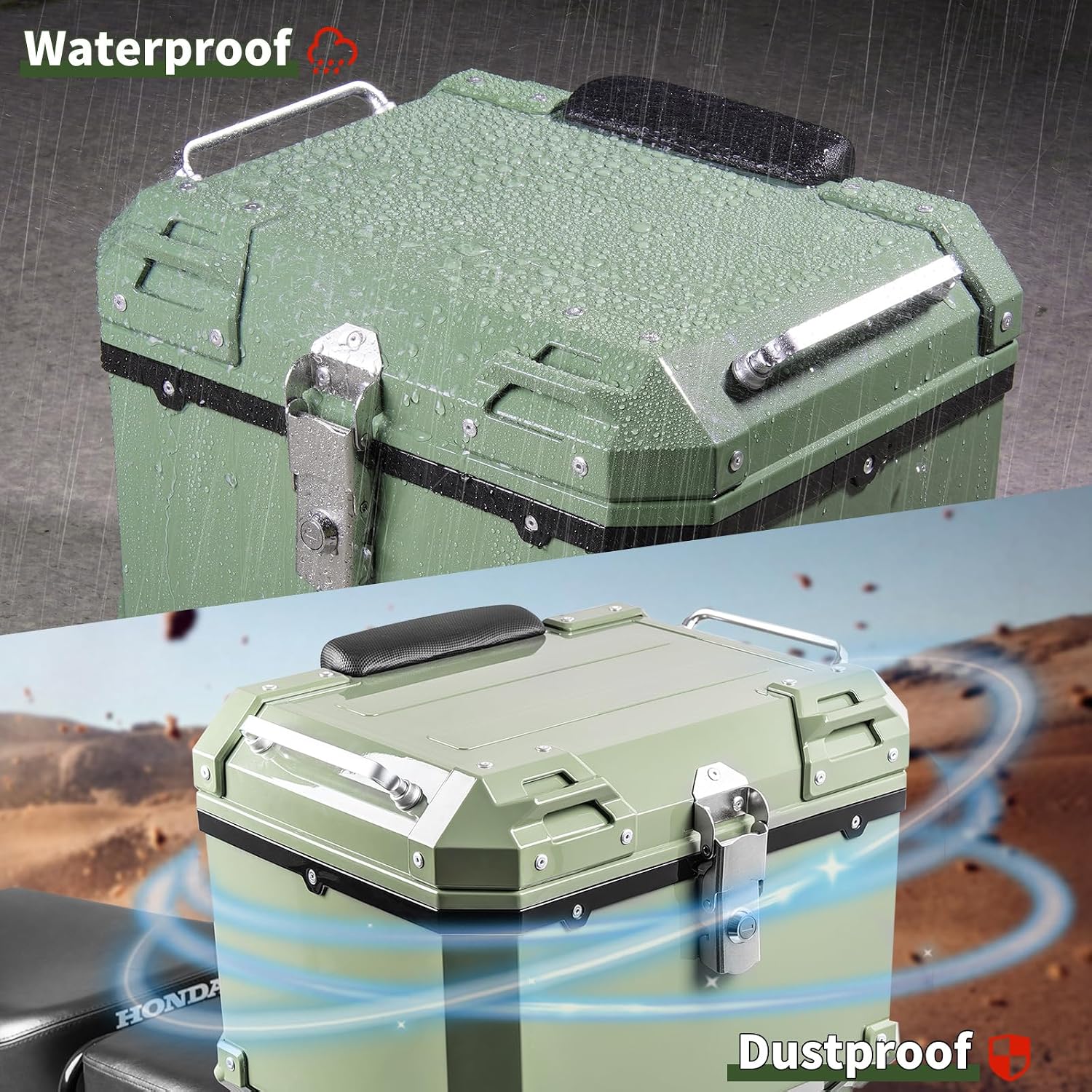 Universal Motorcycle Top Case 45L, Motorcycle Tail Box ABS Resin Motorbike Rear Top Box with Leather Lining, Security Lock, Waterproof Trunk Storage Case for Helmet Luggage (Green)