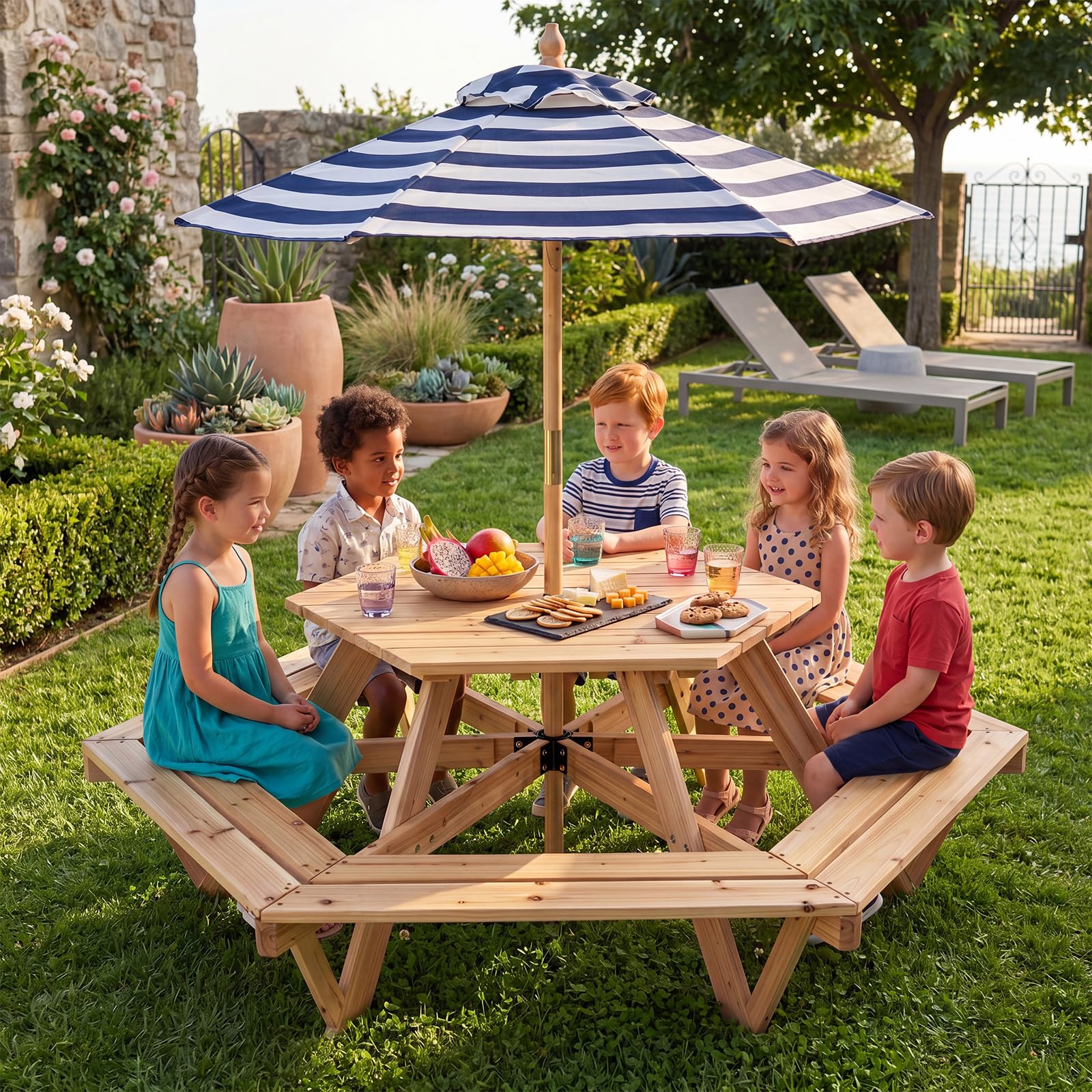 LIFEZEAL Tavolo da Picnic in Legno Massello per Bambini 3-8 Anni | Tavolino Esagonale con 6 Panche Integrate e Ombrellone Rimovibile e Regolabile, Tavolo da Campeggio per Esterno e Interno