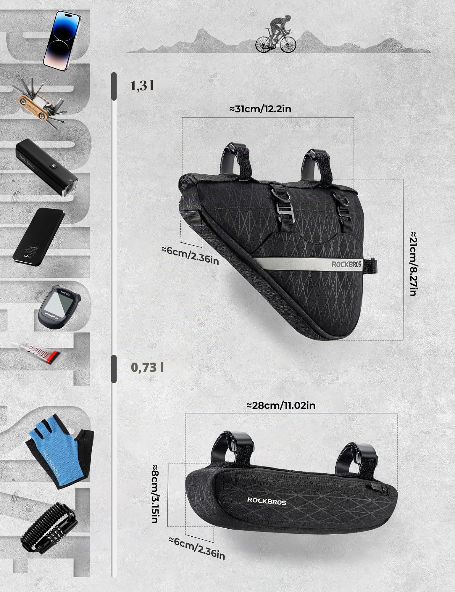 ROCKBROS 2 in 1 Borsa da Telaio Triangolo, Borsa Telaio Bici, Borsa Manubrio Bicicletta, Borsa Set Ergonomica, Borsa Riflettente, Adatto per MTB Bici da Strada E-bike, Grande Capacità 1.3 L+0.7 L