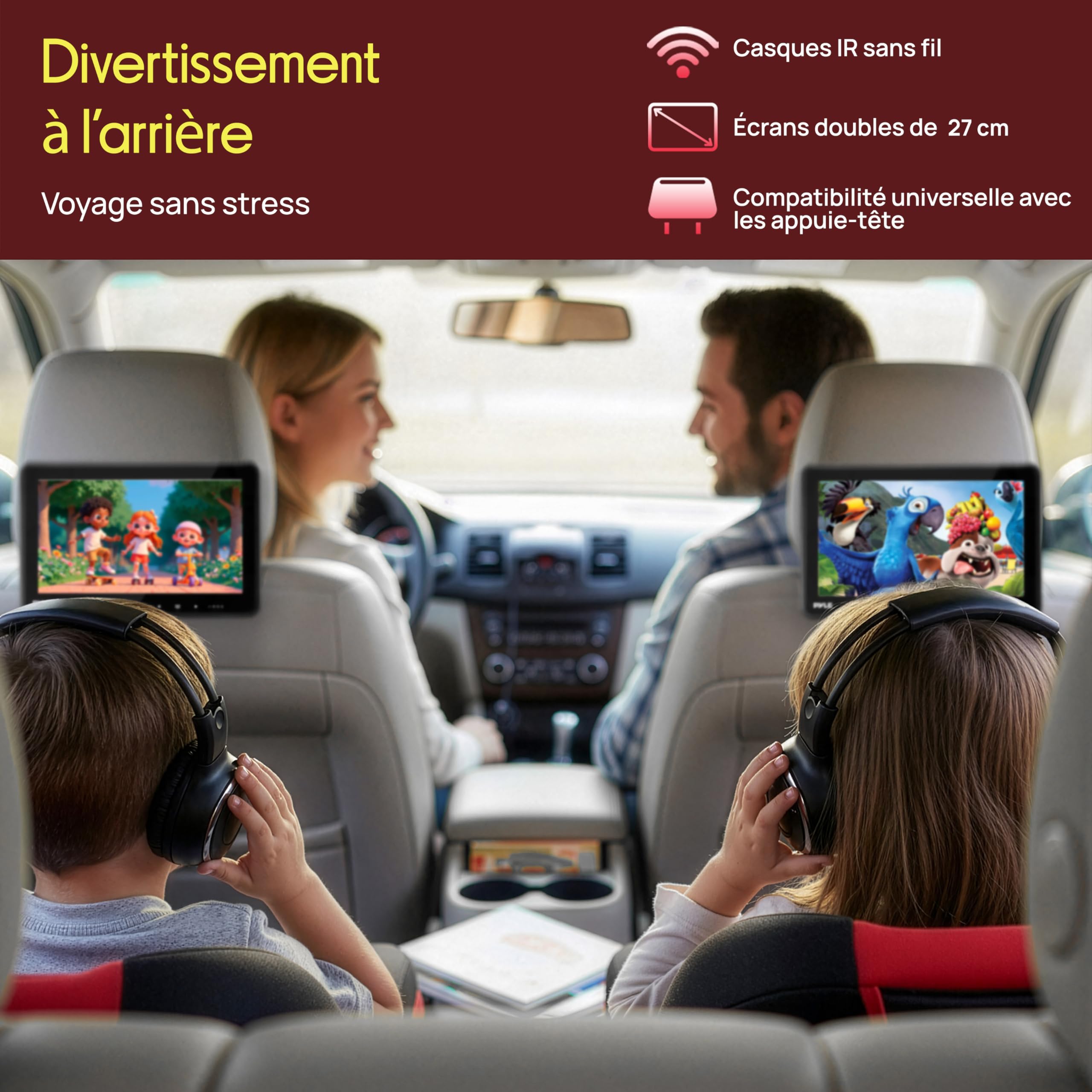Pyle Lecteur DVD Appuie-Tête Voiture Double Écran 10,5 Pouces – Système Multimédia Auto avec HDMI, Haut-Parleurs Stéréo, Support de Montage et Écran LCD